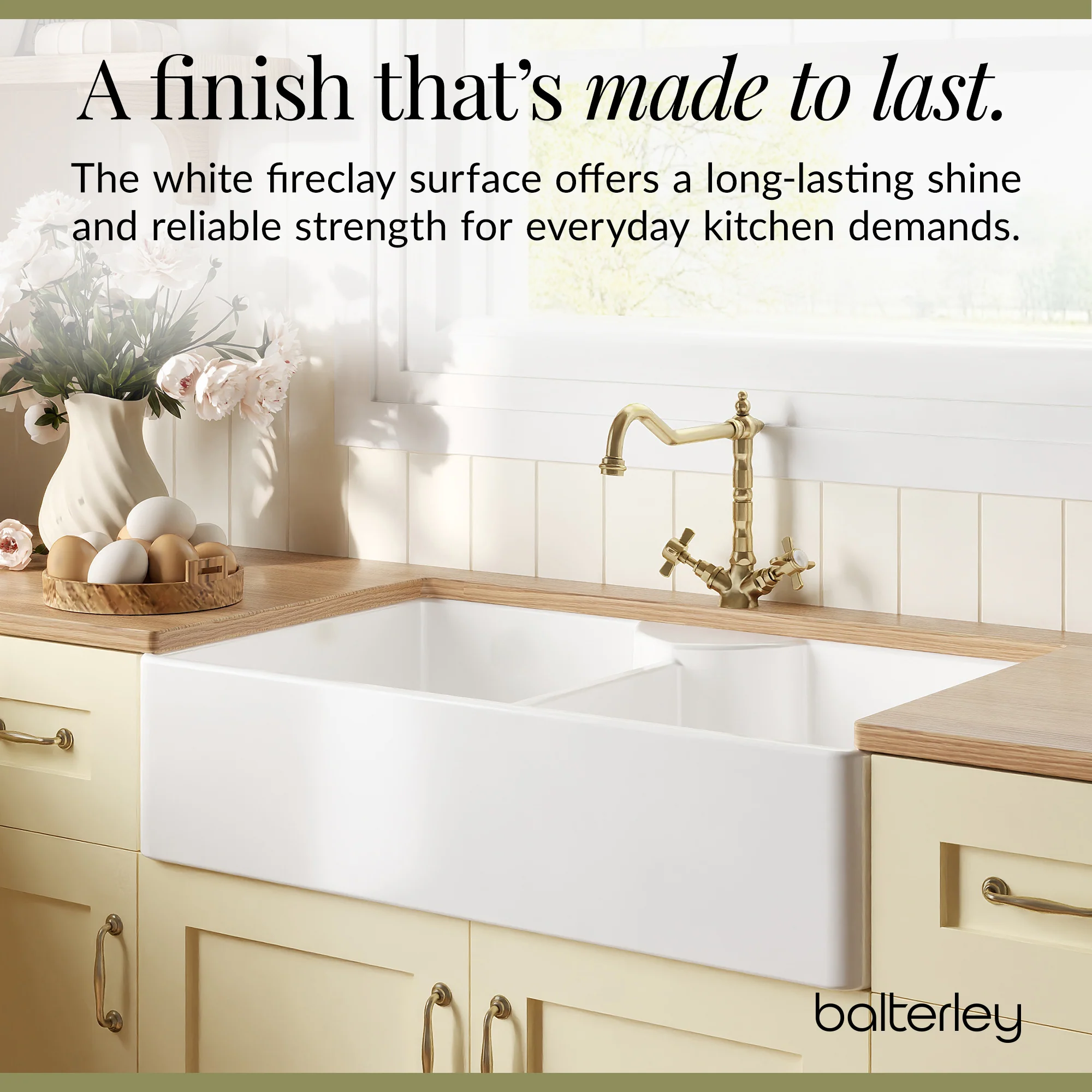 Fireclay Kitchen Bundle - Double Bowl Butler Sink, 2 x Wastes & French Classic Tap, 895mm - Brushed Brass - Image 5
