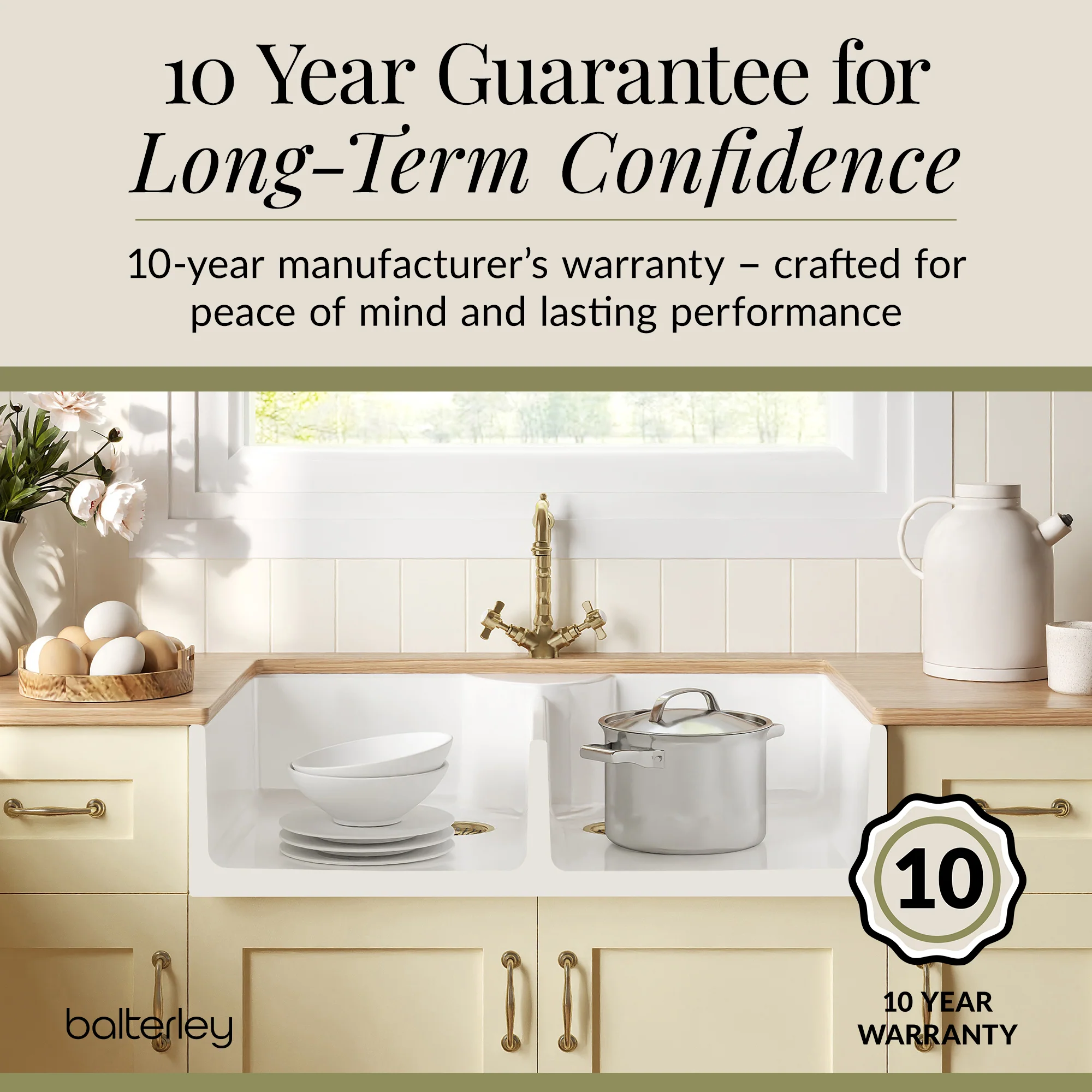 Fireclay Kitchen Bundle - Double Bowl Butler Sink, 2 x Wastes & French Classic Tap, 895mm - Brushed Brass - Image 8