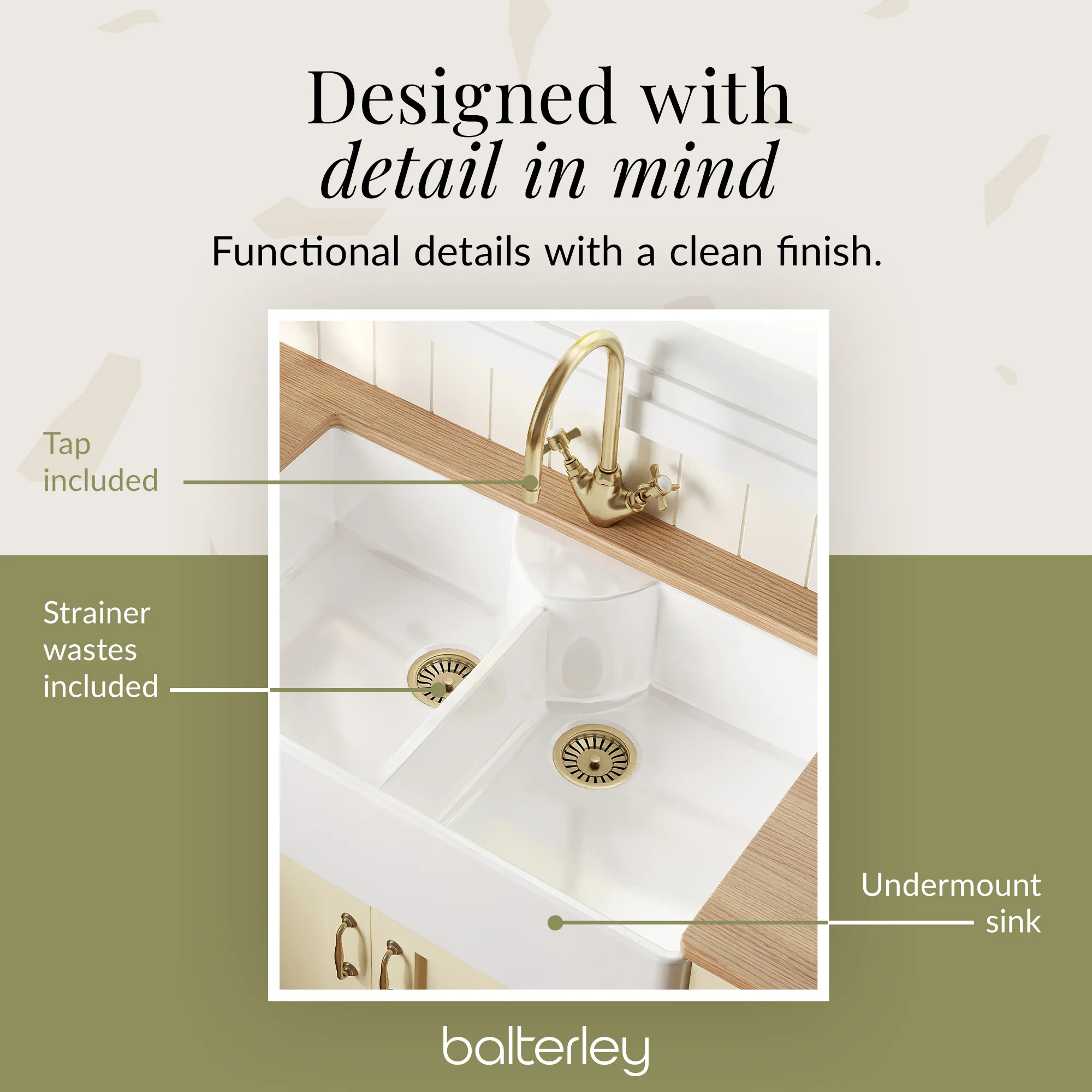Fireclay Kitchen Bundle - Double Bowl Butler Sink, 2 x Wastes & Mono Crosshead Tap, 895mm - Brushed Brass - Image 6