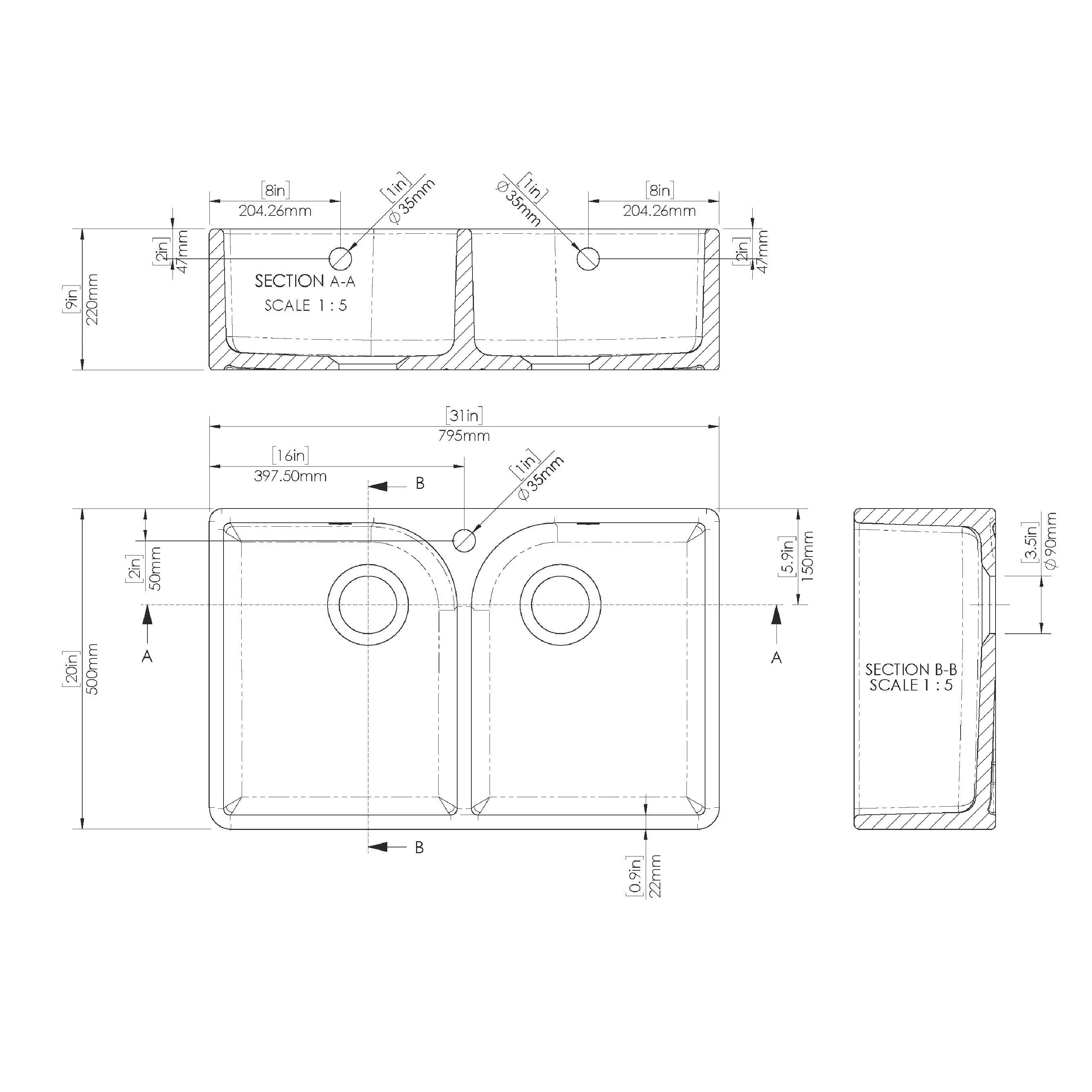 Fireclay Kitchen Bundle - Double Bowl Full Weir 1 Tap Hole Butler Sink, Wastes & Mono Tap, 795mm - Brushed Brass - Image 3