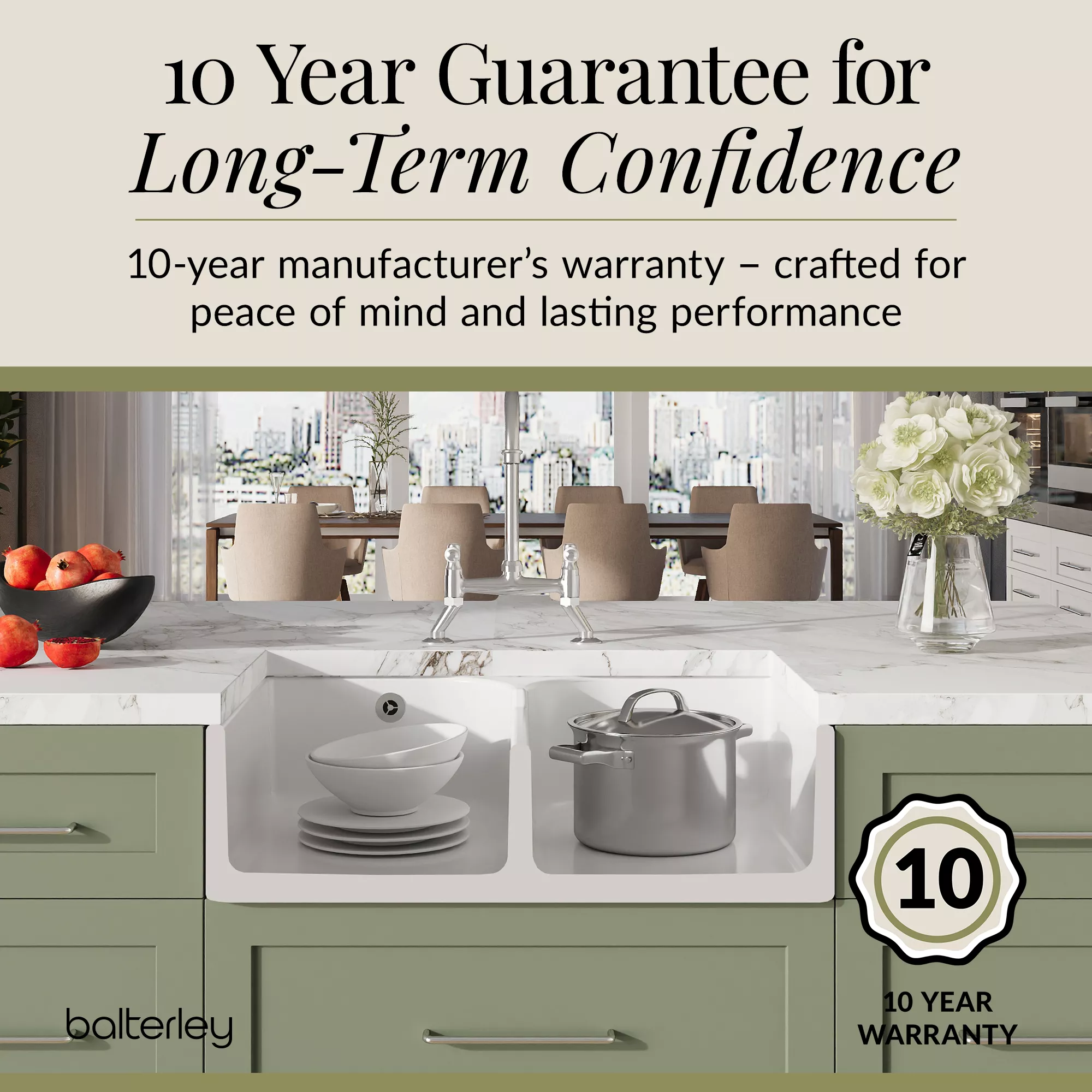 Fireclay Kitchen Bundle - Double Bowl Stepped Weir Butler Sink, Compatible Wastes & Bridge Lever Tap, 795mm - Chrome - Image 10