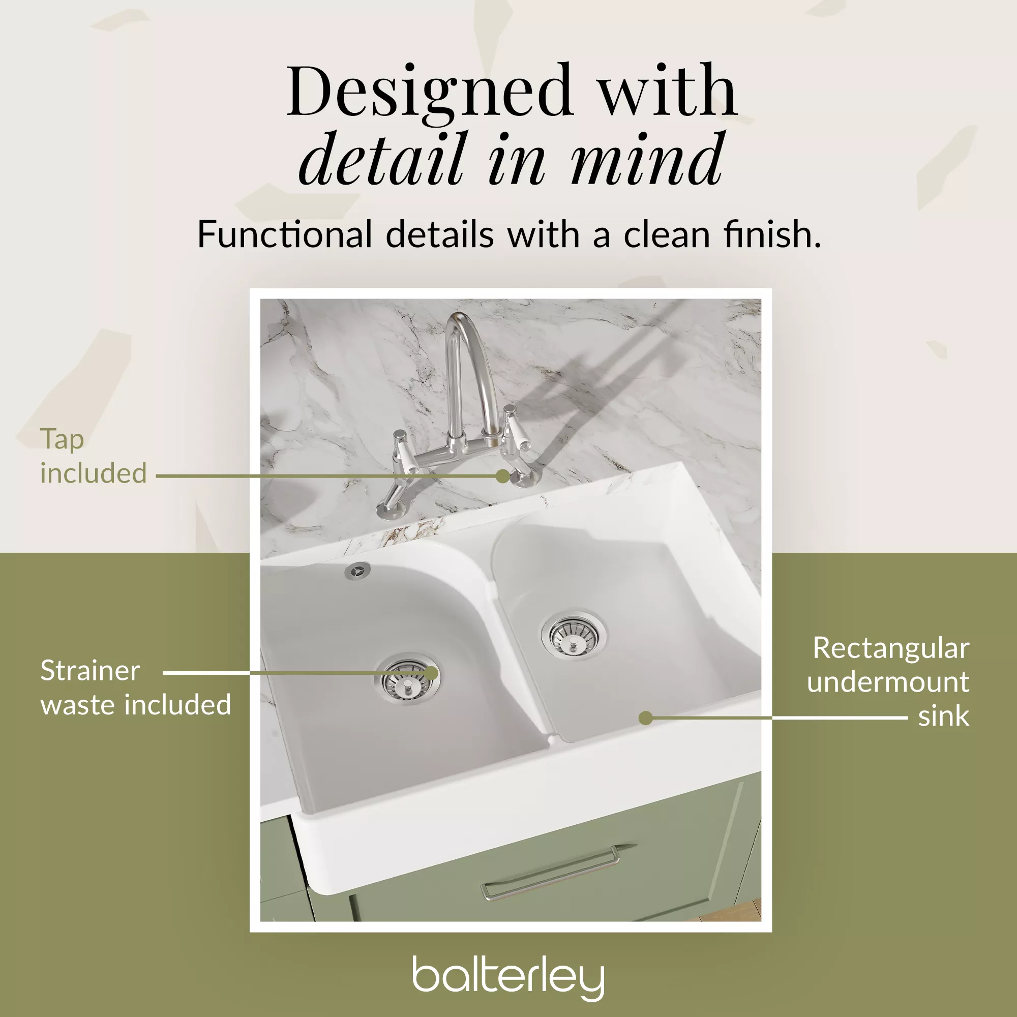Fireclay Kitchen Bundle - Double Bowl Stepped Weir Butler Sink, Compatible Wastes & Bridge Lever Tap, 795mm - Chrome - Image 11