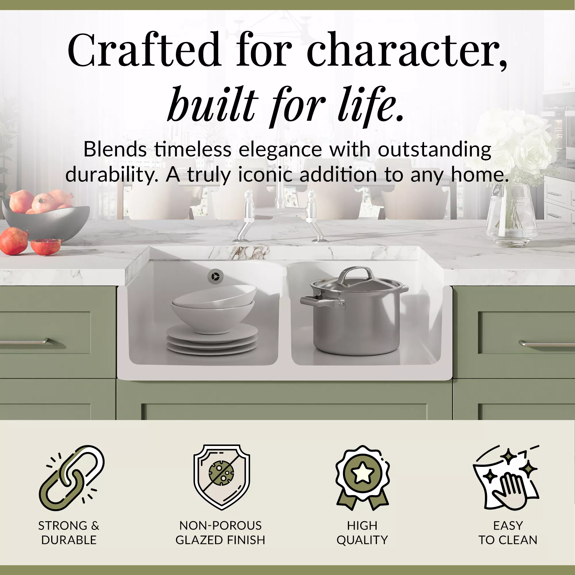 Fireclay Kitchen Bundle - Double Bowl Stepped Weir Butler Sink, Compatible Wastes & Bridge Lever Tap, 795mm - Chrome - Image 6