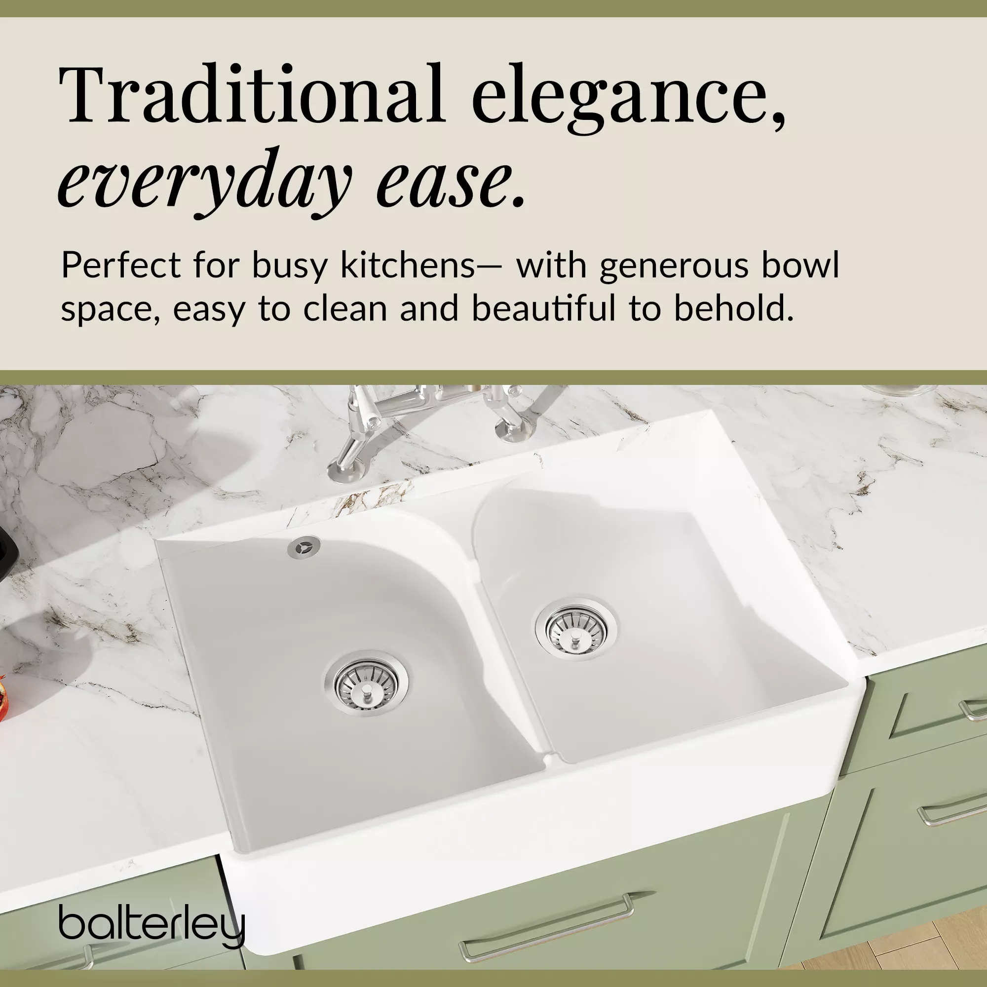 Fireclay Kitchen Bundle - Double Bowl Stepped Weir Butler Sink, Compatible Wastes & Bridge Lever Tap, 795mm - Chrome - Image 7