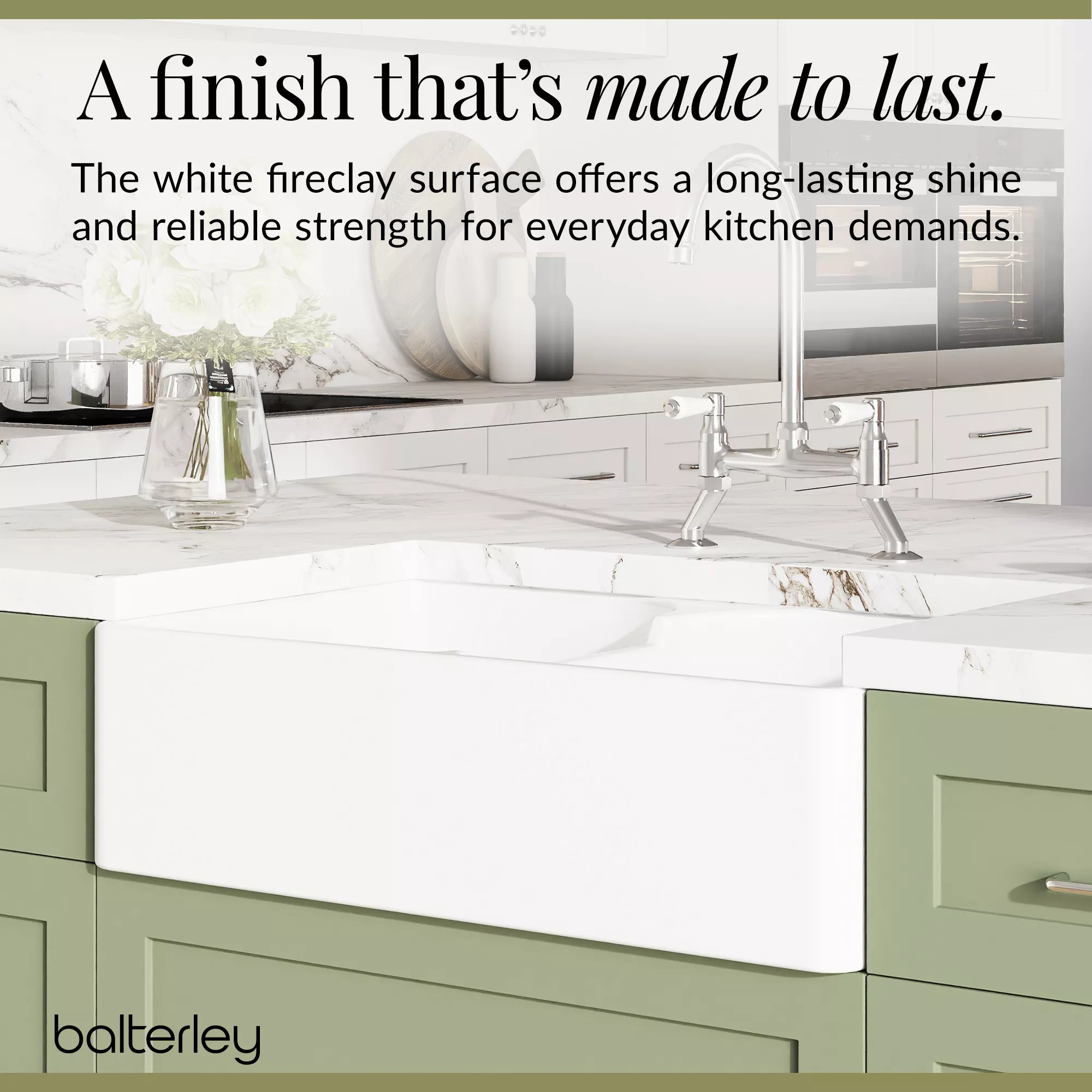 Fireclay Kitchen Bundle - Double Bowl Stepped Weir Butler Sink, Compatible Wastes & Bridge Lever Tap, 795mm - Chrome - Image 8