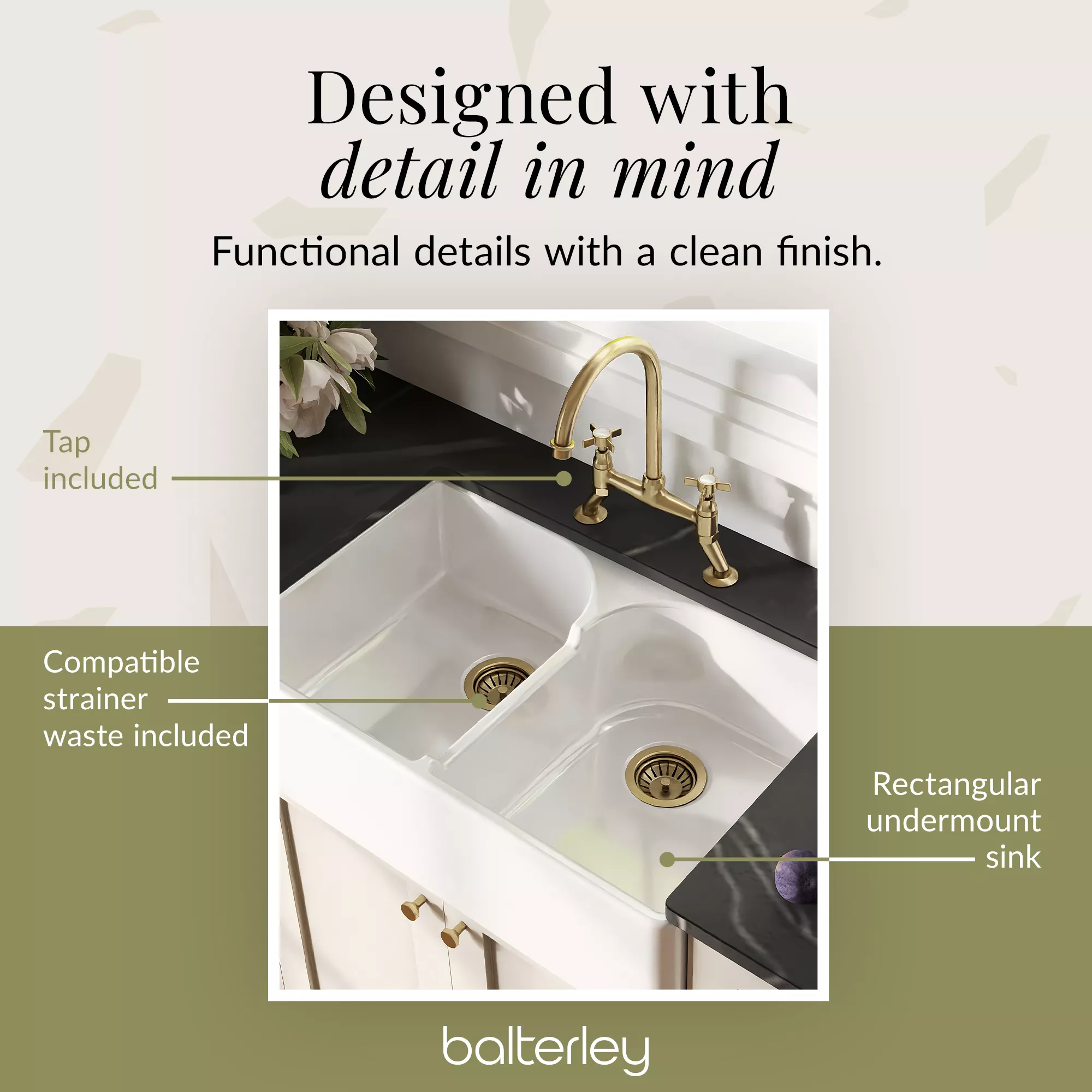 Fireclay Kitchen Bundle - Double Bowl Stepped Weir Butler Sink, Wastes & Bridge Crosshead Tap, 795mm - Brushed Brass - Image 10