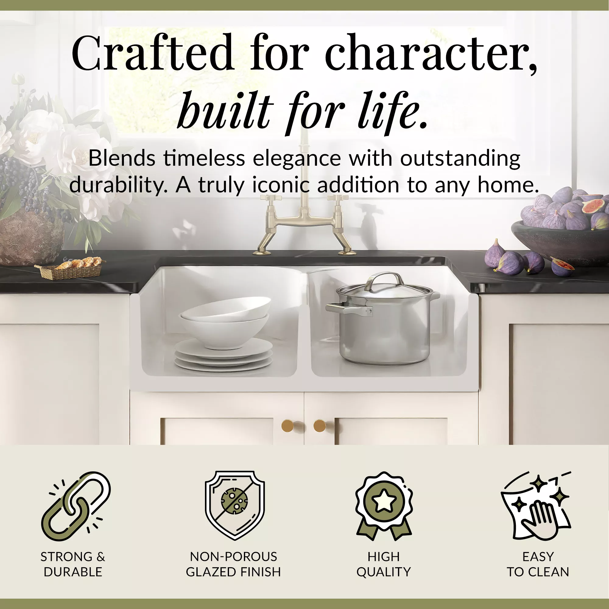 Fireclay Kitchen Bundle - Double Bowl Stepped Weir Butler Sink, Wastes & Bridge Crosshead Tap, 795mm - Brushed Brass - Image 5