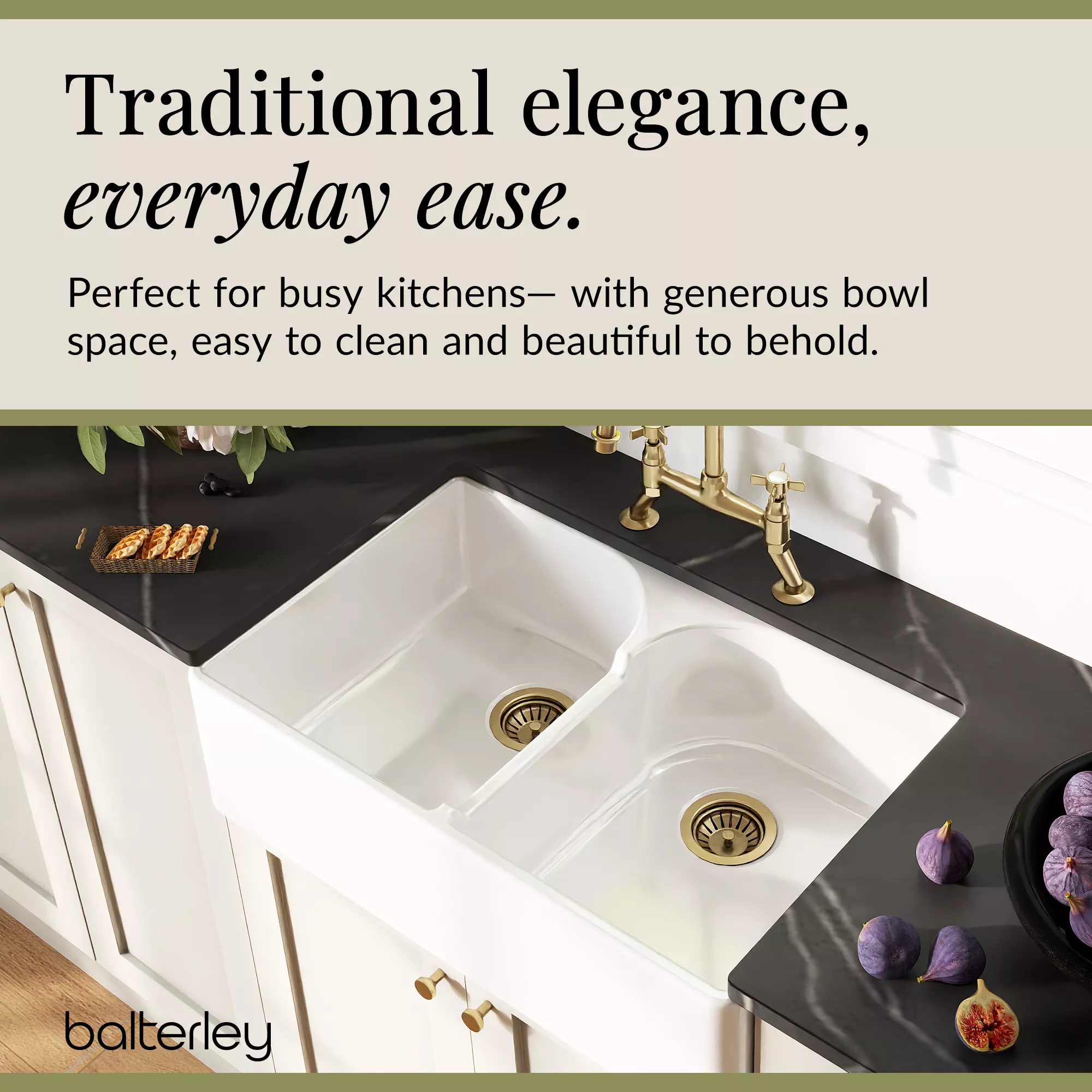 Fireclay Kitchen Bundle - Double Bowl Stepped Weir Butler Sink, Wastes & Bridge Crosshead Tap, 795mm - Brushed Brass - Image 6