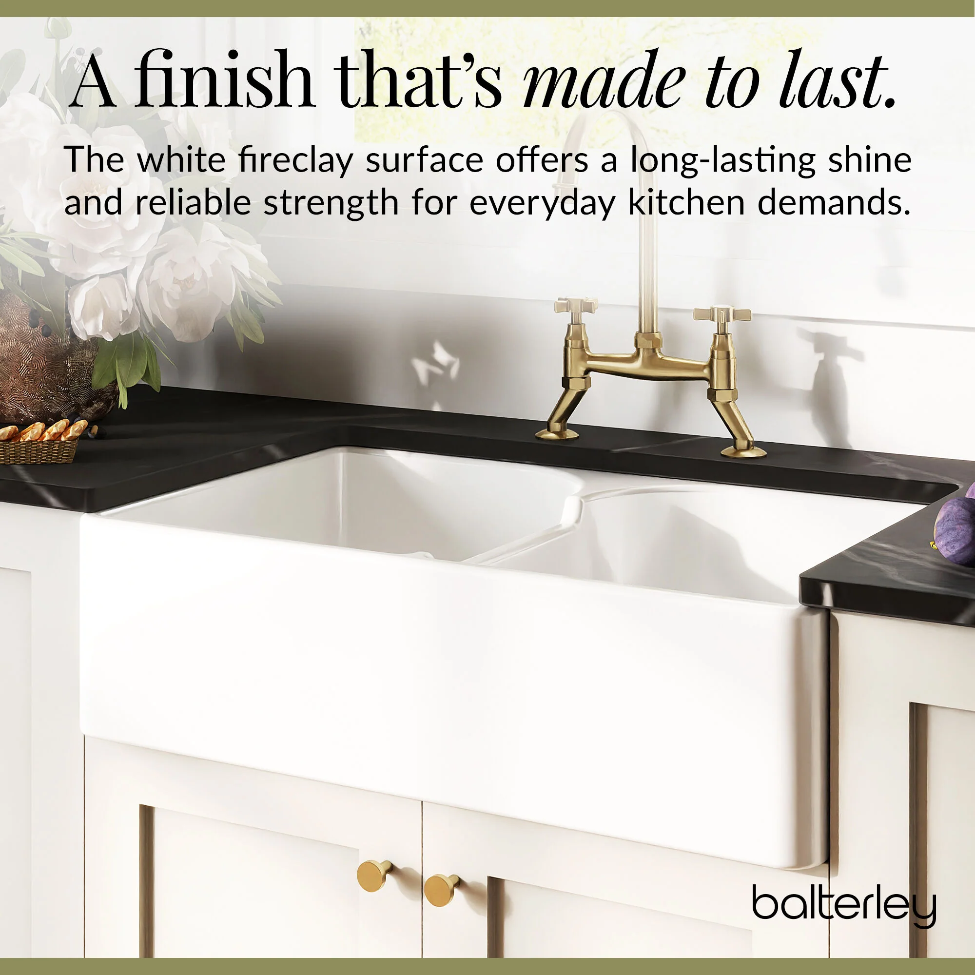 Fireclay Kitchen Bundle - Double Bowl Stepped Weir Butler Sink, Wastes & Bridge Crosshead Tap, 795mm - Brushed Brass - Image 7