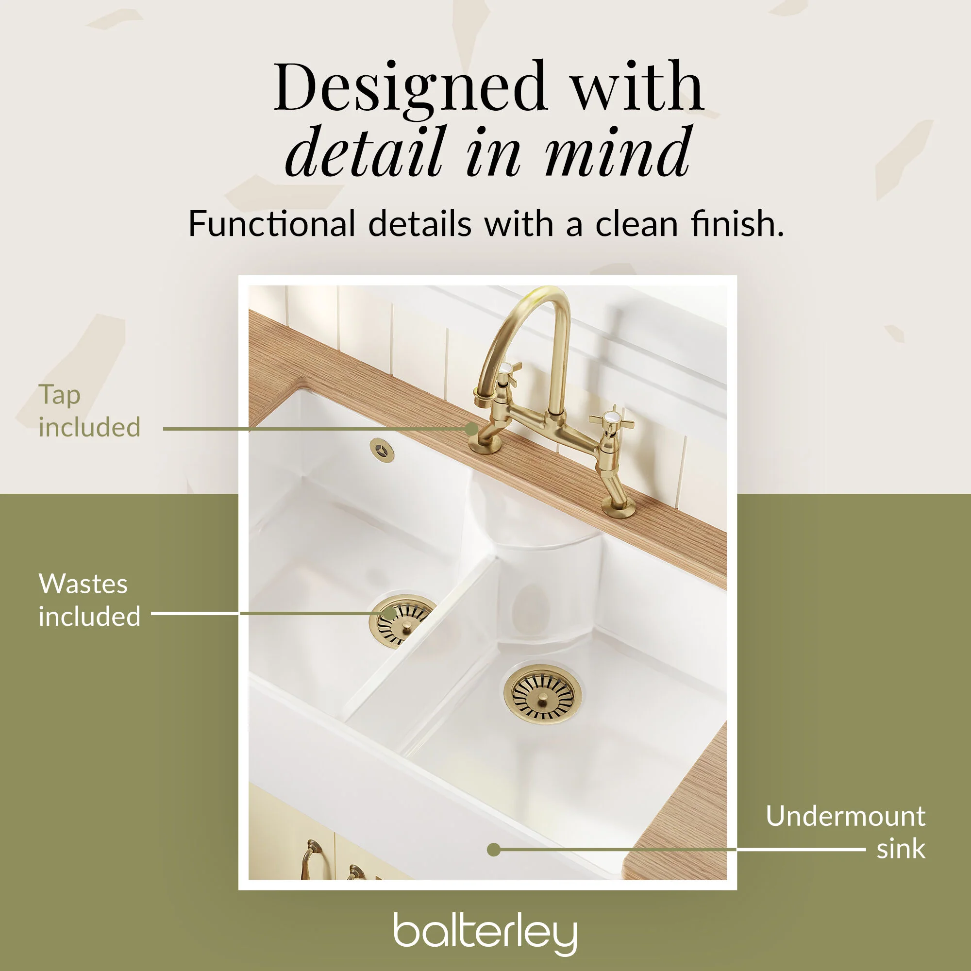 Fireclay Kitchen Bundle - Double Bowl Stepped Weir Butler Sink, Wastes & Bridge Crosshead Tap, 895mm - Brushed Brass - Image 10