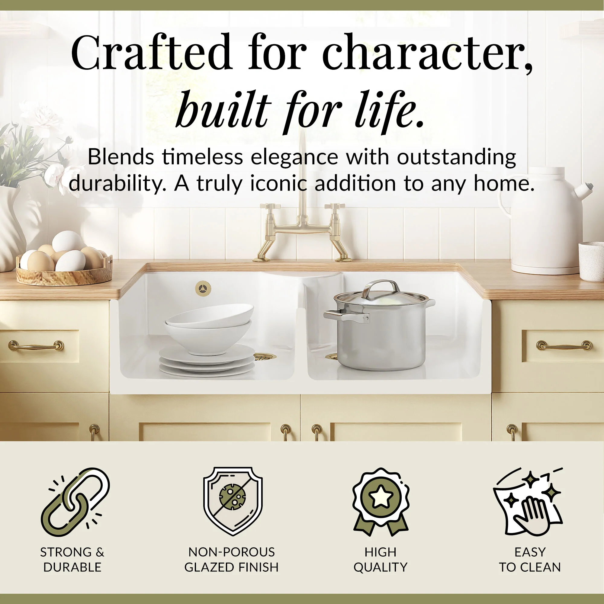 Fireclay Kitchen Bundle - Double Bowl Stepped Weir Butler Sink, Wastes & Bridge Crosshead Tap, 895mm - Brushed Brass - Image 5