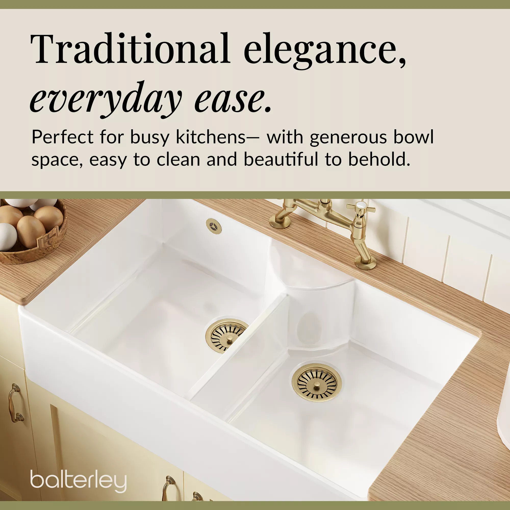 Fireclay Kitchen Bundle - Double Bowl Stepped Weir Butler Sink, Wastes & Bridge Crosshead Tap, 895mm - Brushed Brass - Image 6
