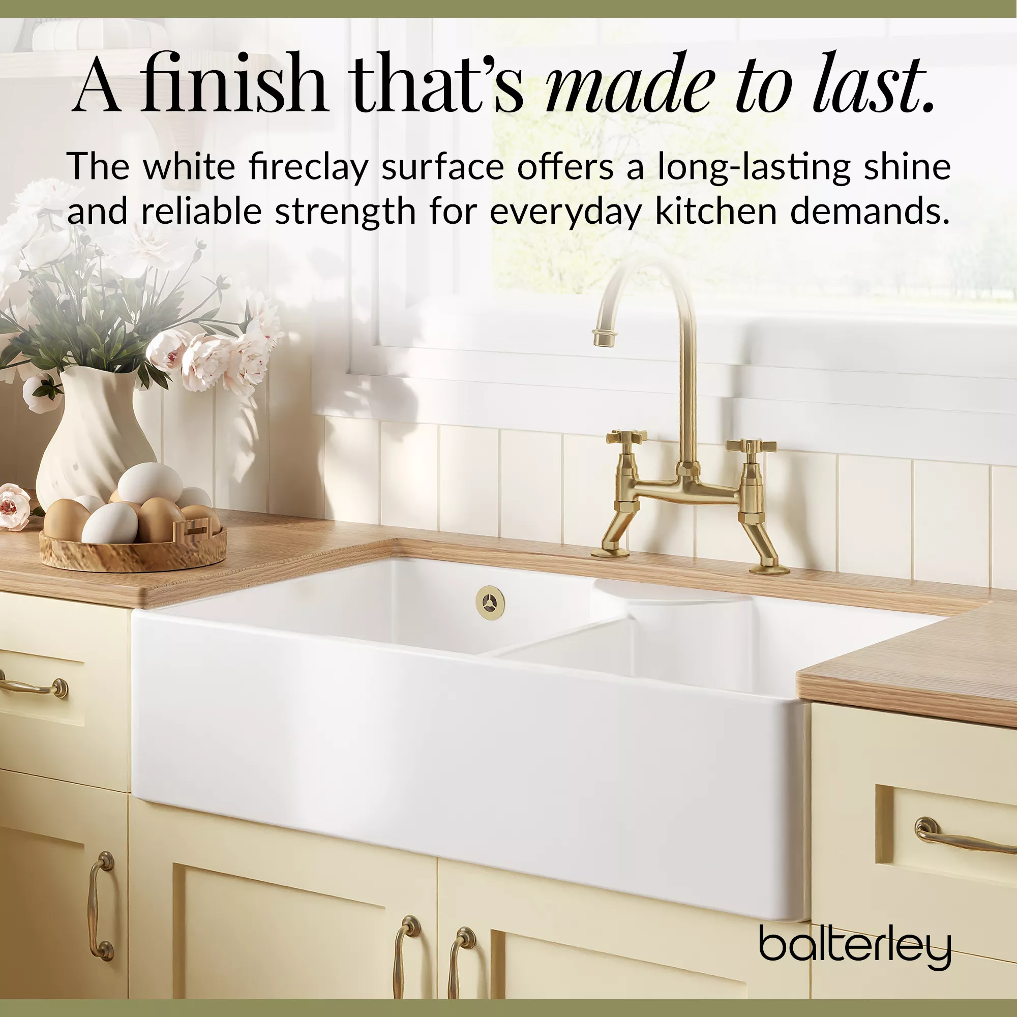Fireclay Kitchen Bundle - Double Bowl Stepped Weir Butler Sink, Wastes & Bridge Crosshead Tap, 895mm - Brushed Brass - Image 7