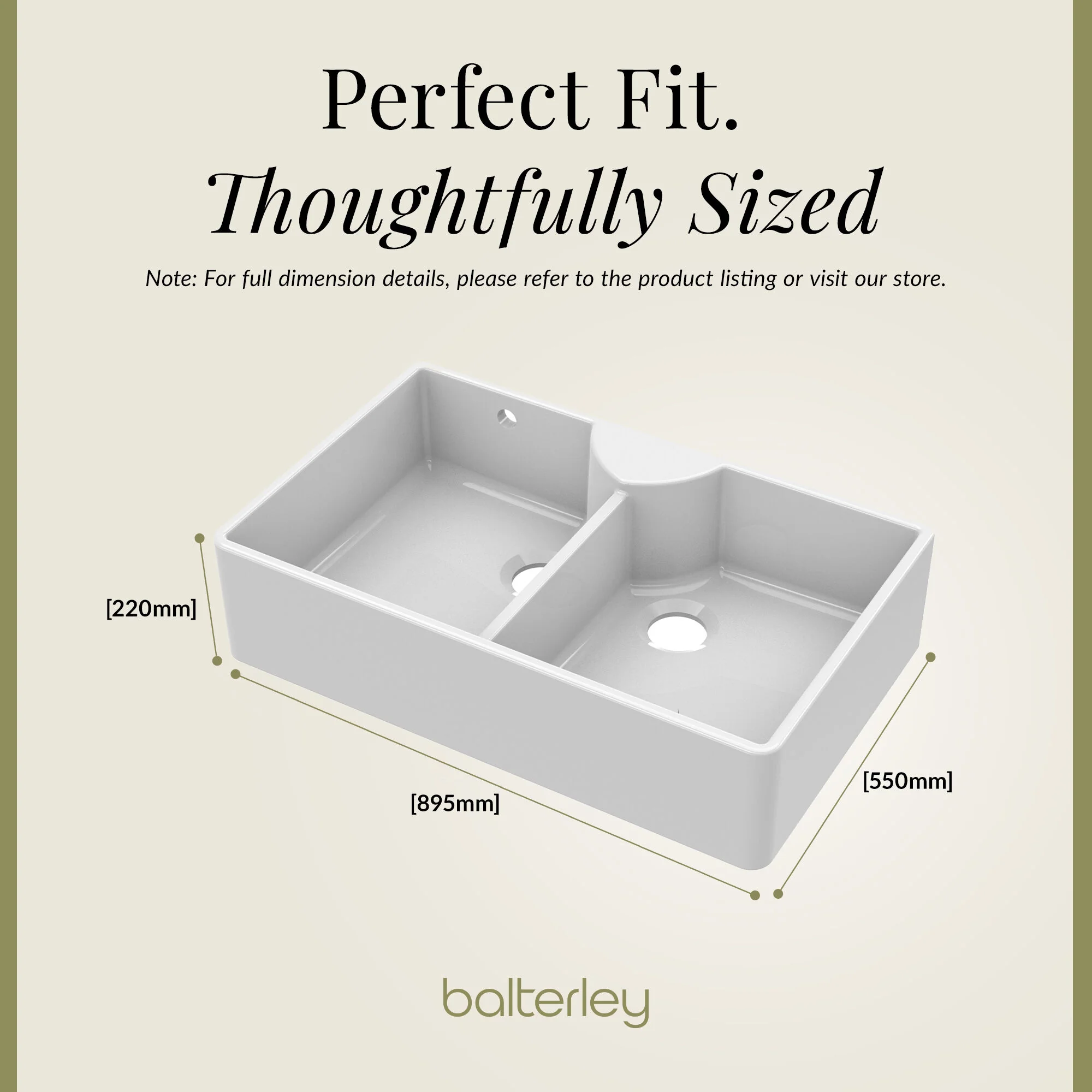 Fireclay Kitchen Bundle - Double Bowl Stepped Weir Butler Sink, Wastes & Bridge Crosshead Tap, 895mm - Brushed Brass - Image 8