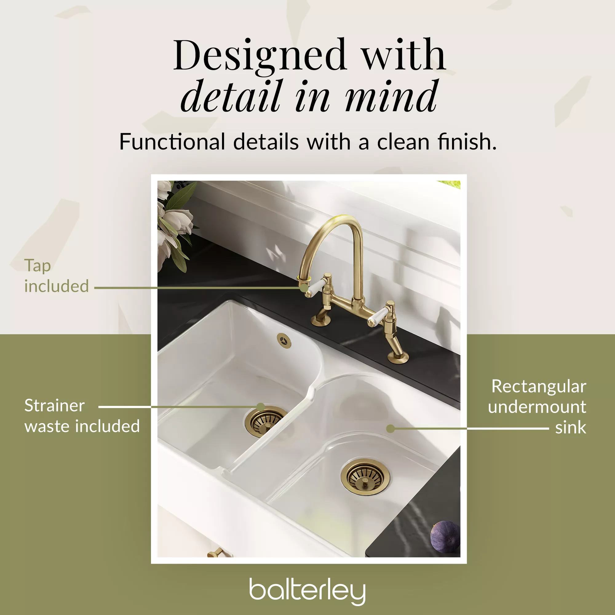 Fireclay Kitchen Bundle - Double Bowl Stepped Weir Butler Sink, Wastes & Bridge Lever Tap, 795mm - Brushed Brass - Image 10