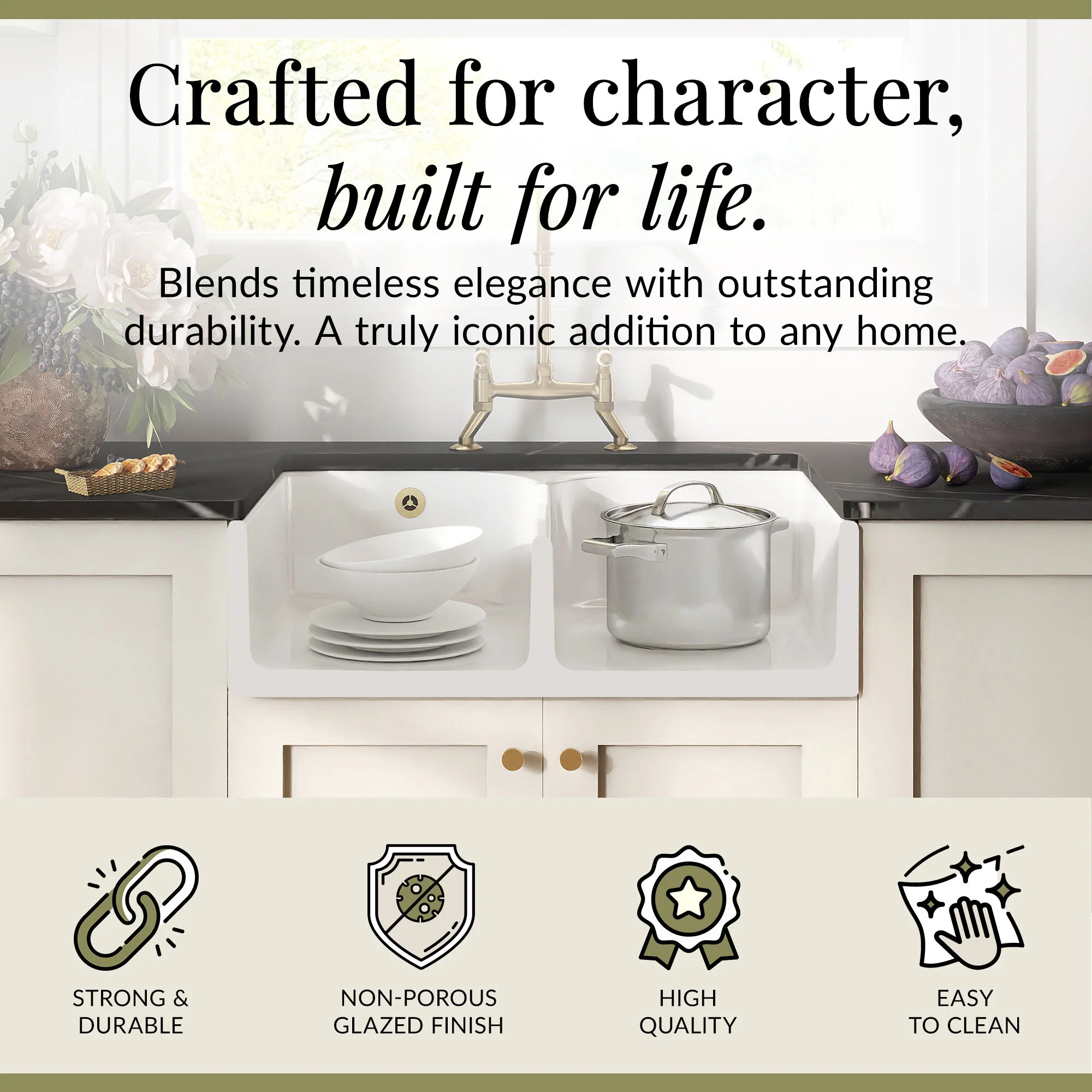 Fireclay Kitchen Bundle - Double Bowl Stepped Weir Butler Sink, Wastes & Bridge Lever Tap, 795mm - Brushed Brass - Image 5