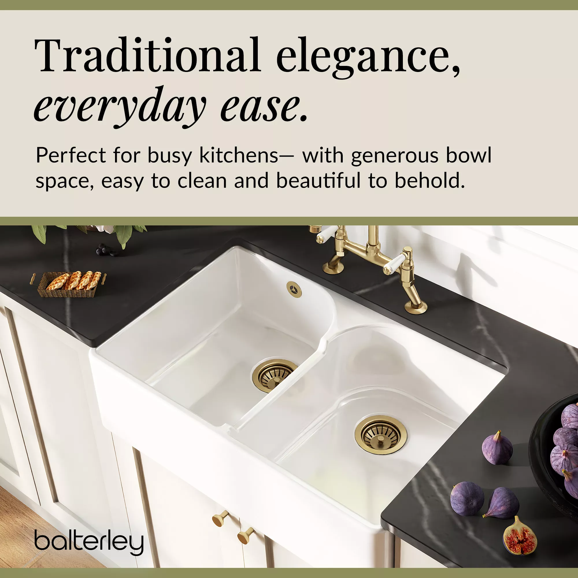 Fireclay Kitchen Bundle - Double Bowl Stepped Weir Butler Sink, Wastes & Bridge Lever Tap, 795mm - Brushed Brass - Image 6
