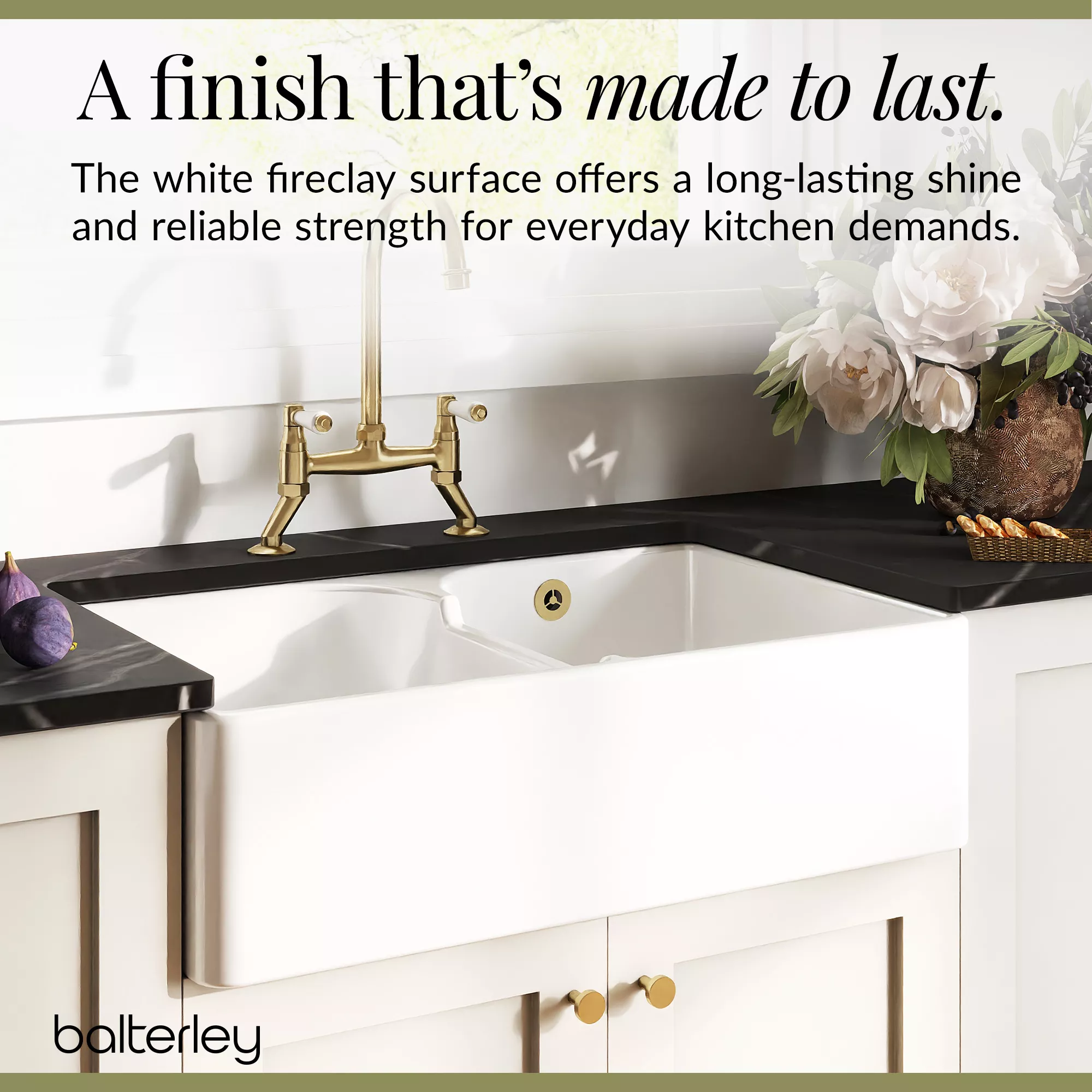 Fireclay Kitchen Bundle - Double Bowl Stepped Weir Butler Sink, Wastes & Bridge Lever Tap, 795mm - Brushed Brass - Image 7