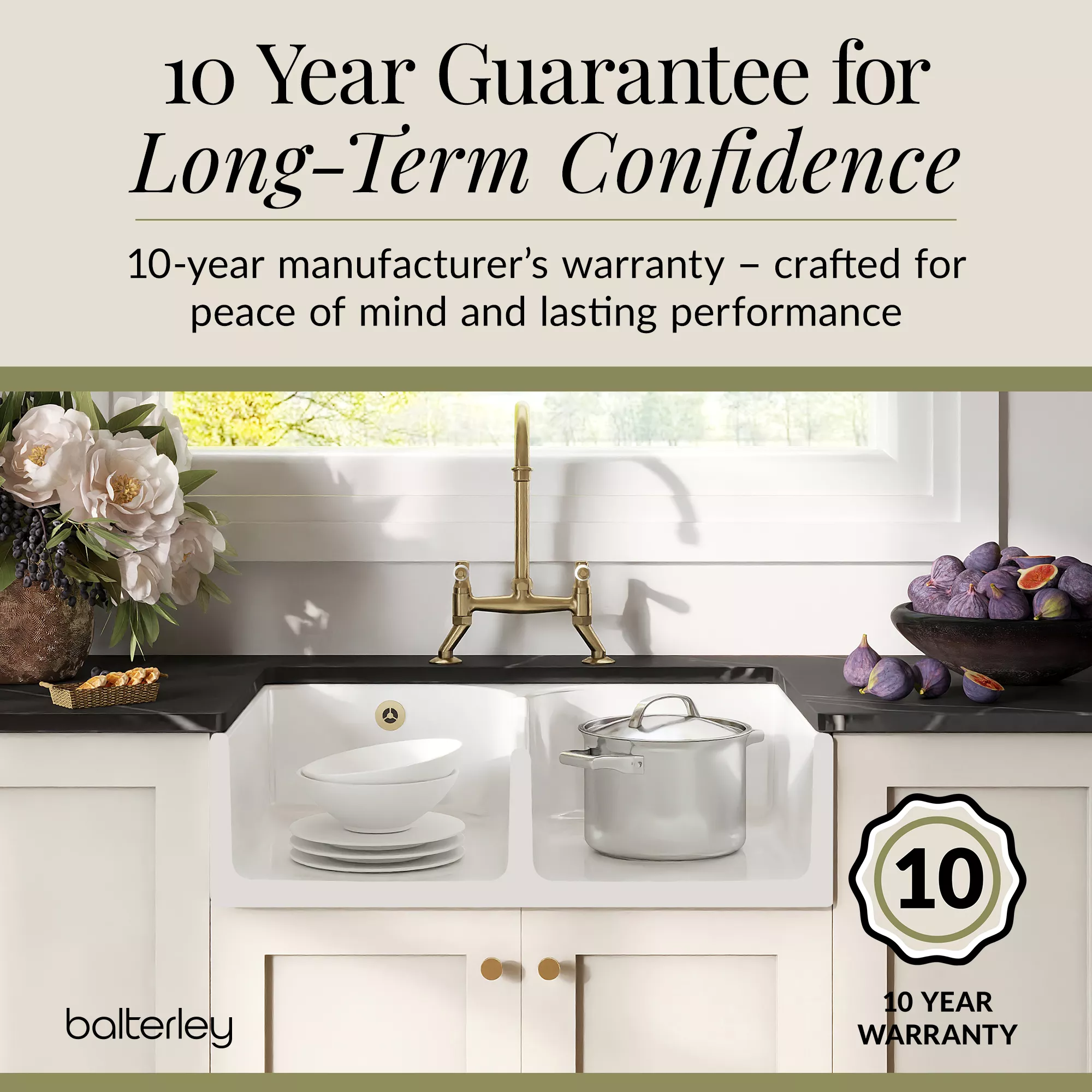 Fireclay Kitchen Bundle - Double Bowl Stepped Weir Butler Sink, Wastes & Bridge Lever Tap, 795mm - Brushed Brass - Image 9
