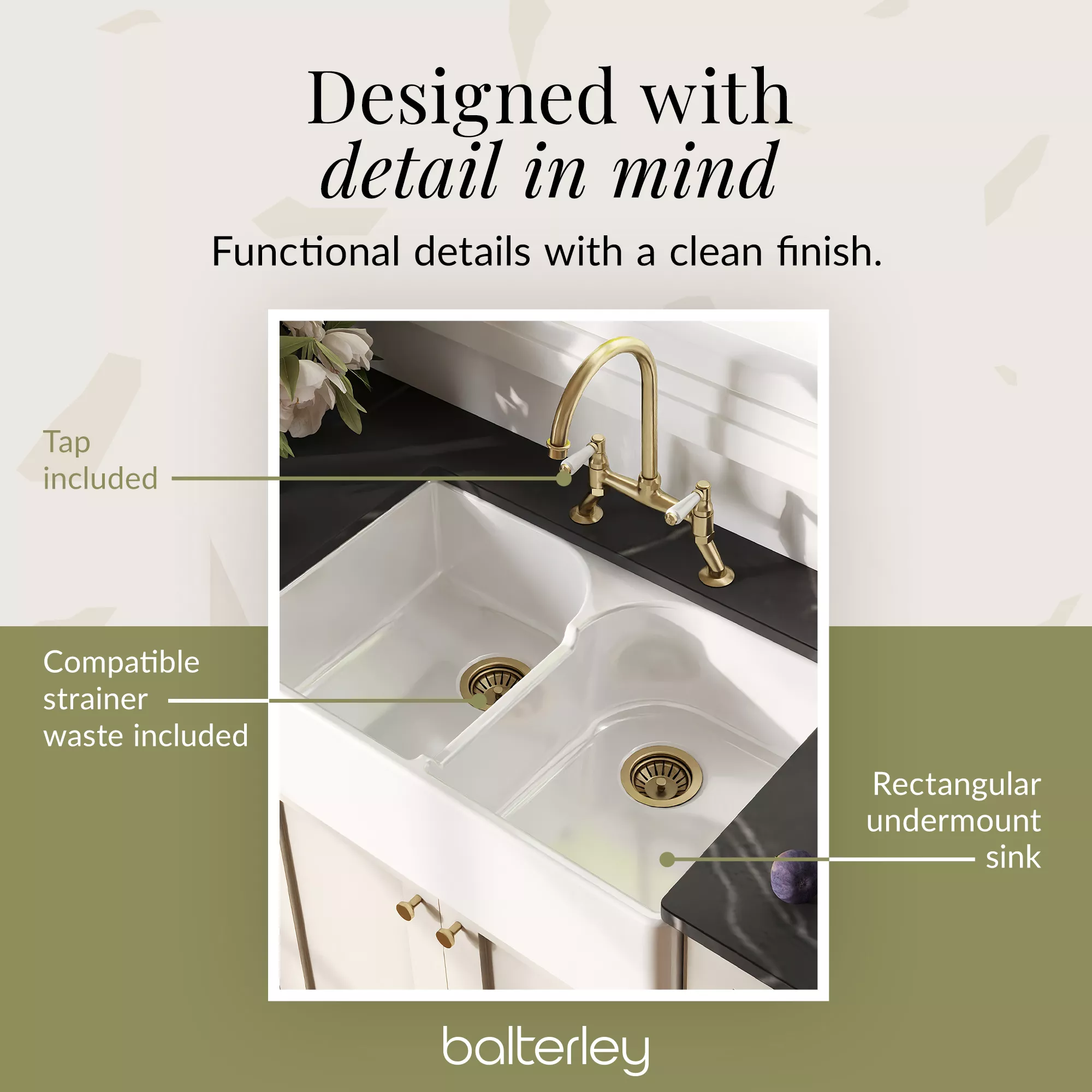 Fireclay Kitchen Bundle - Double Bowl Stepped Weir Butler Sink, Wastes & Bridge Lever Tap, 795mm - Brushed Brass - Image 10