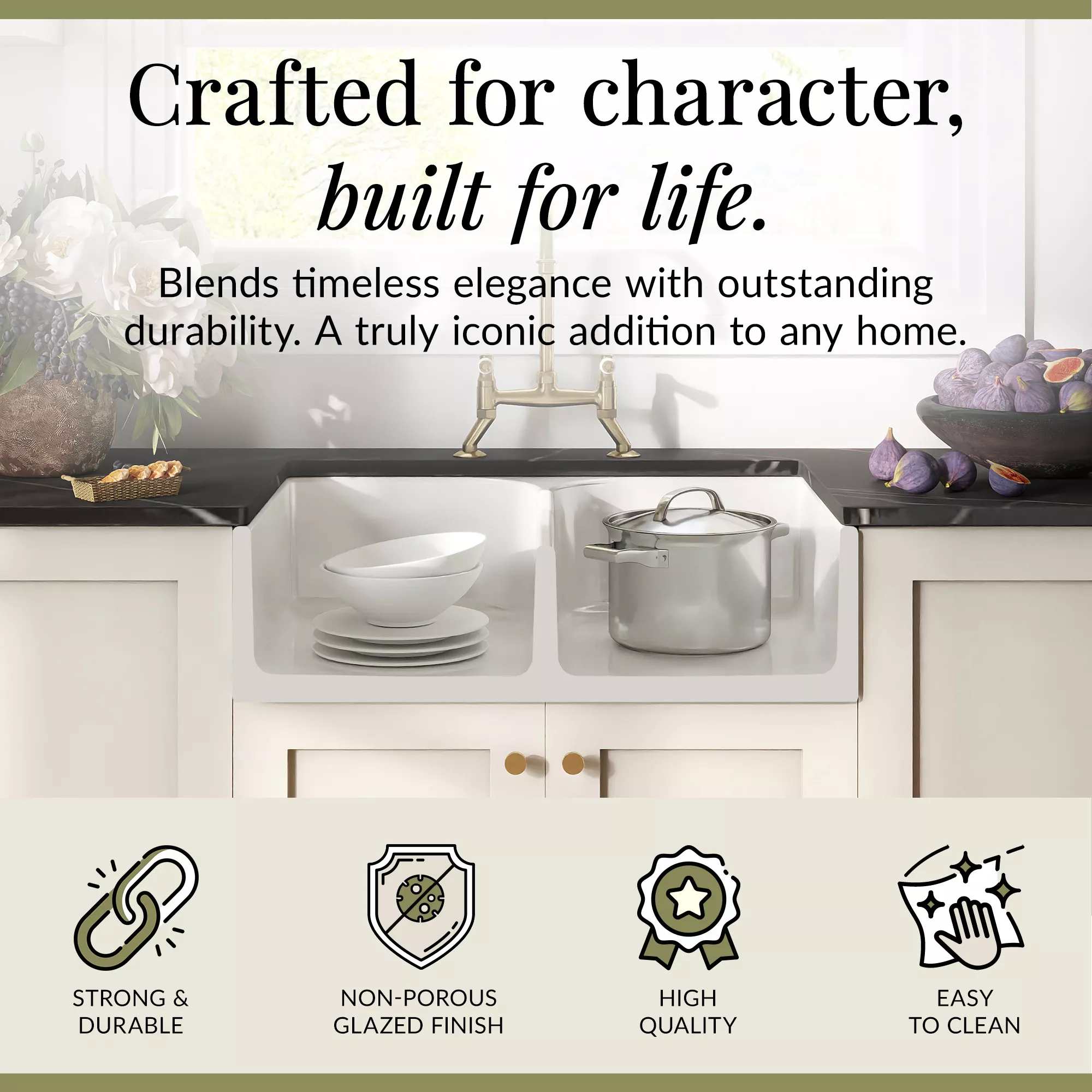 Fireclay Kitchen Bundle - Double Bowl Stepped Weir Butler Sink, Wastes & Bridge Lever Tap, 795mm - Brushed Brass - Image 5