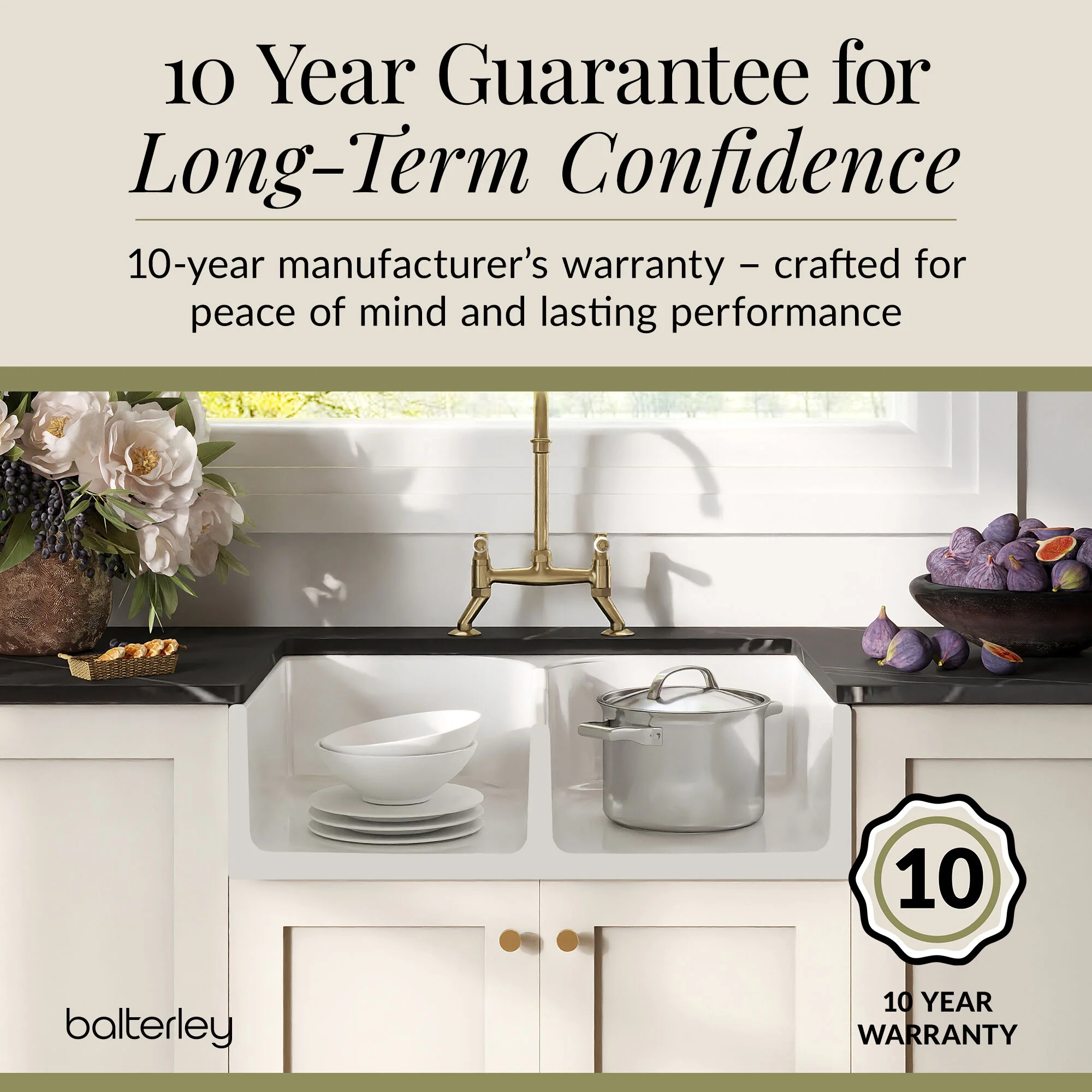 Fireclay Kitchen Bundle - Double Bowl Stepped Weir Butler Sink, Wastes & Bridge Lever Tap, 795mm - Brushed Brass - Image 9