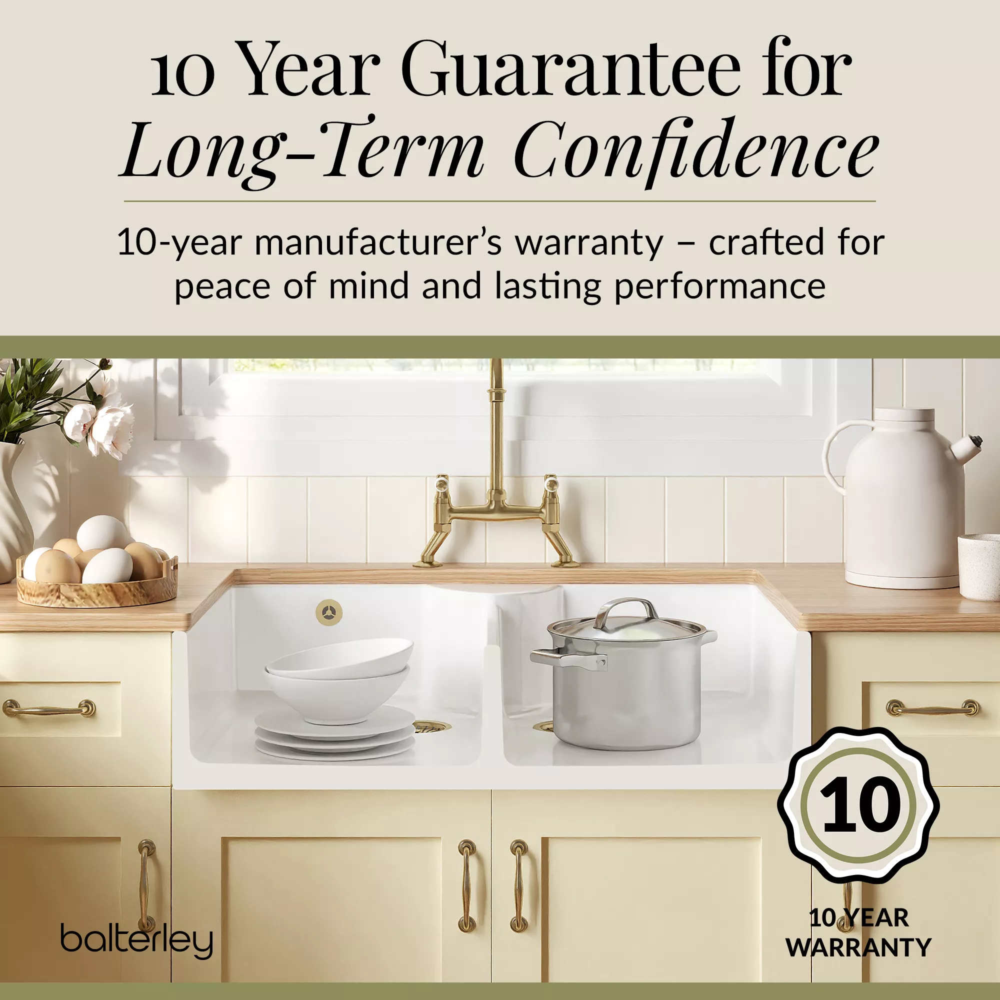 Fireclay Kitchen Bundle - Double Bowl Stepped Weir Butler Sink, Wastes & Bridge Lever Tap, 895mm, Brushed Brass - Image 8