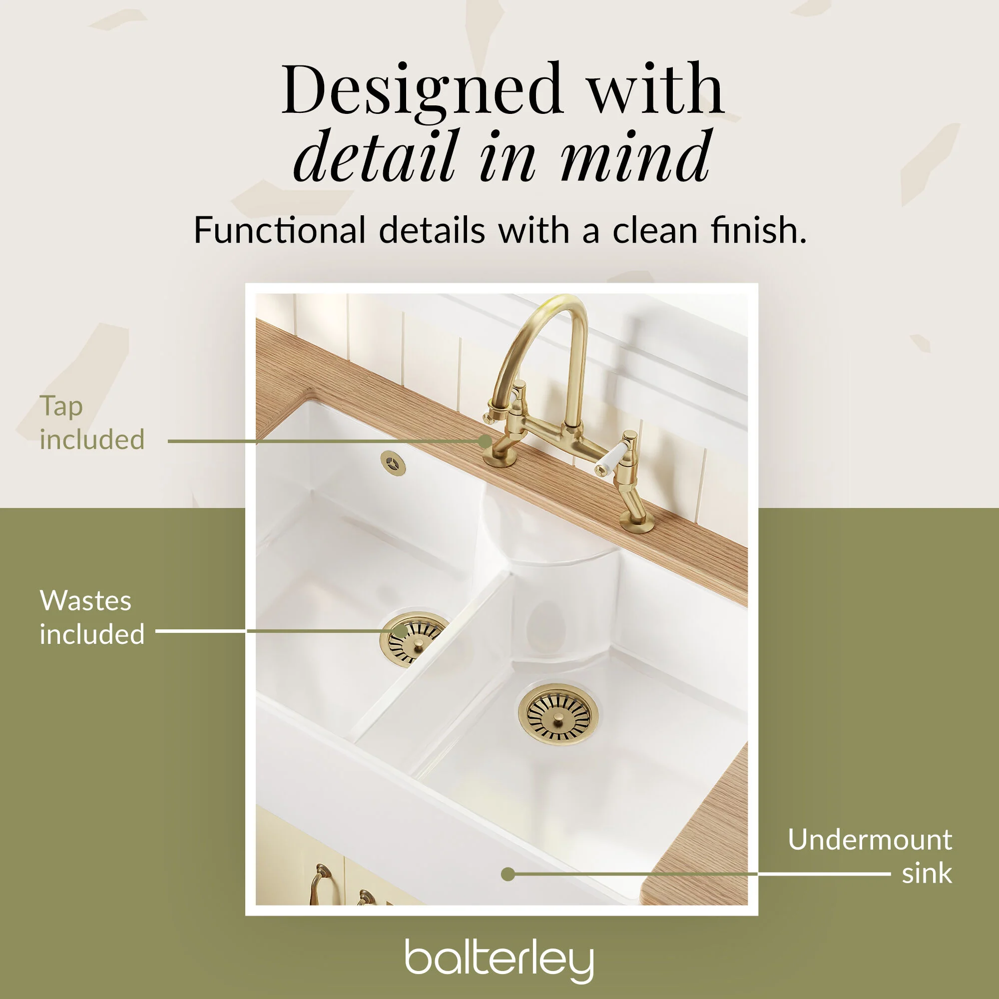 Fireclay Kitchen Bundle - Double Bowl Stepped Weir Butler Sink, Wastes & Bridge Lever Tap, 895mm, Brushed Brass - Image 9
