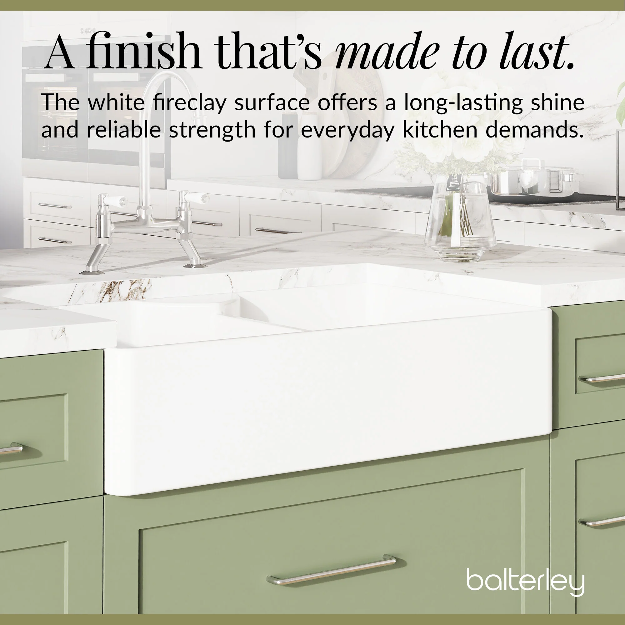 Fireclay Kitchen Bundle - Double Bowl Stepped Weir Butler Sink, Wastes & Bridge Lever Tap, 895mm - Chrome - Image 10