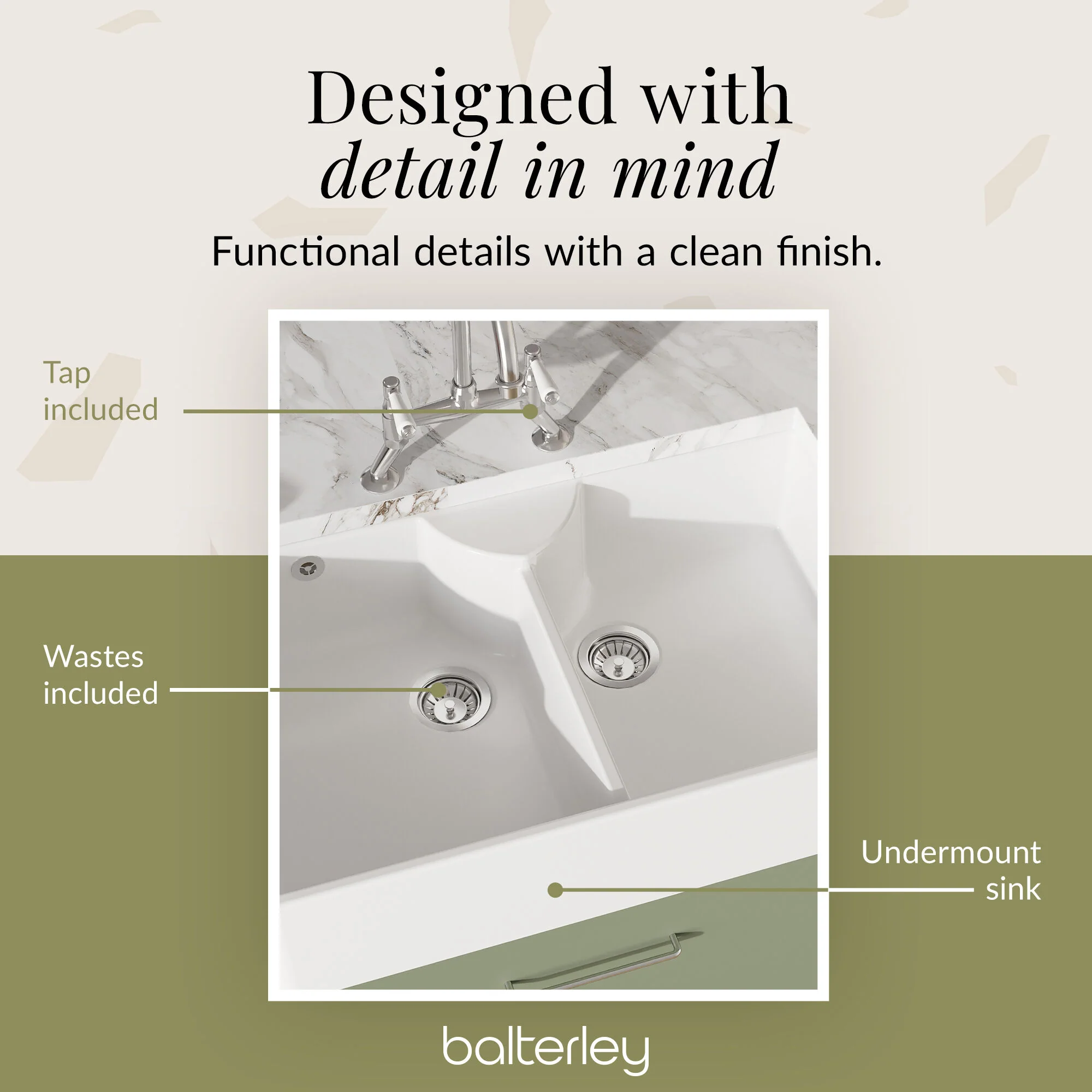 Fireclay Kitchen Bundle - Double Bowl Stepped Weir Butler Sink, Wastes & Bridge Lever Tap, 895mm - Chrome - Image 6