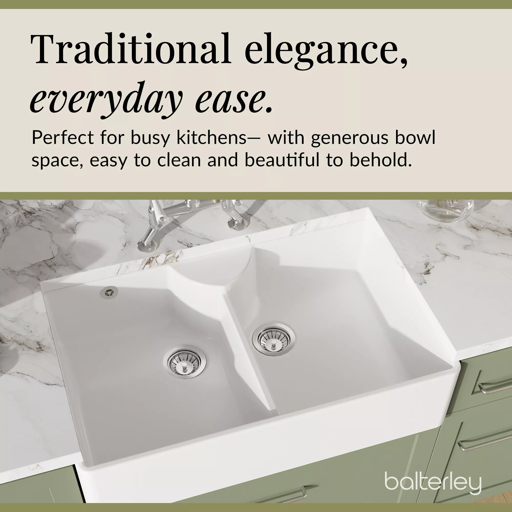 Fireclay Kitchen Bundle - Double Bowl Stepped Weir Butler Sink, Wastes & Bridge Lever Tap, 895mm - Chrome - Image 7