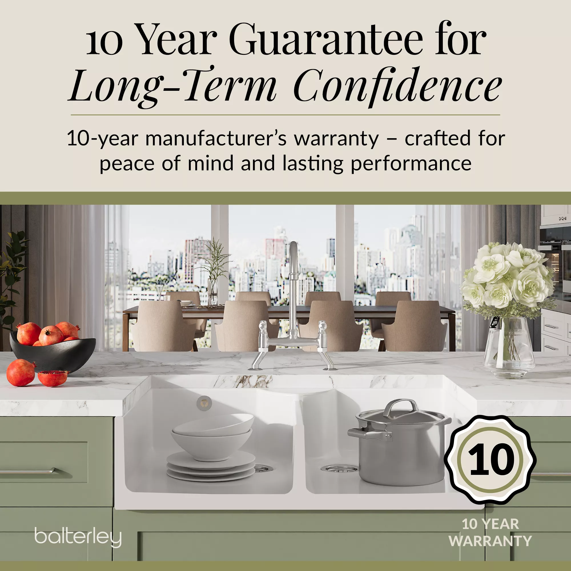 Fireclay Kitchen Bundle - Double Bowl Stepped Weir Butler Sink, Wastes & Bridge Lever Tap, 895mm - Chrome - Image 9