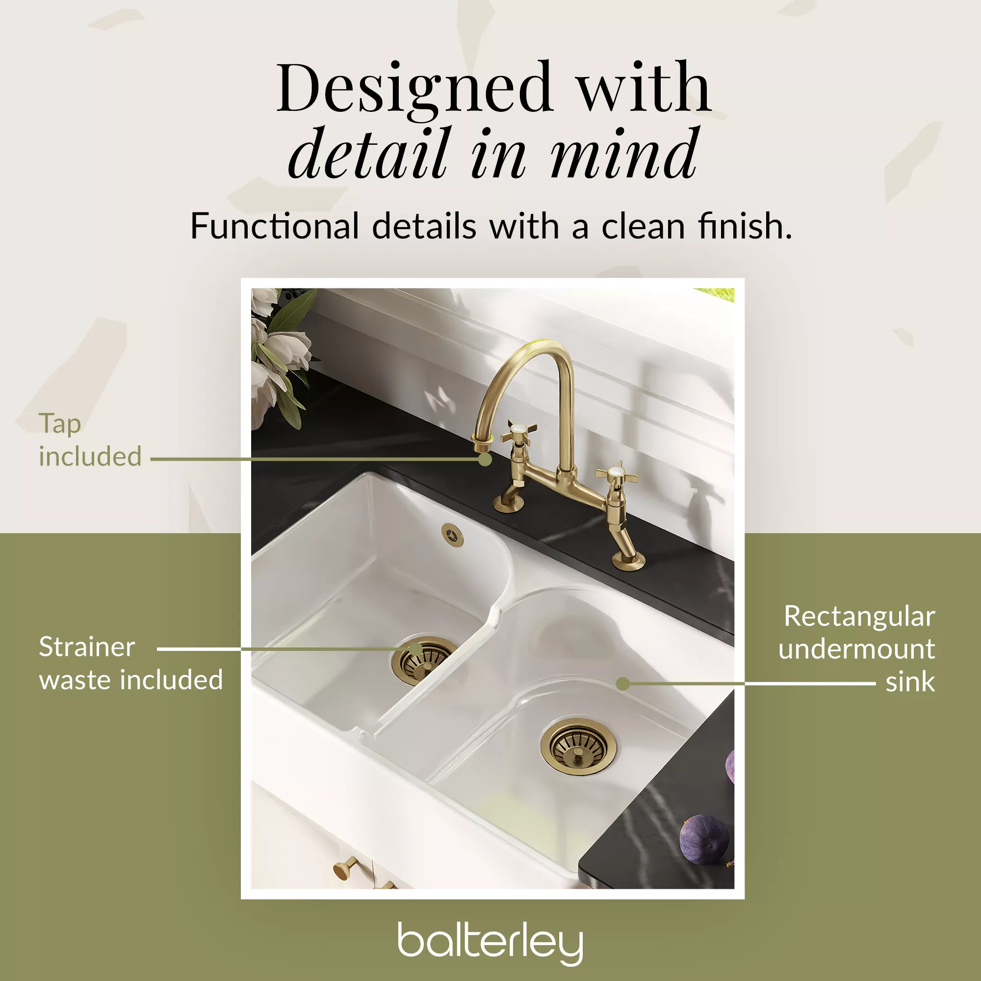 Fireclay Kitchen Bundle - Double Bowl Stepped Weir Butler Sink, Wastes & Crosshead Tap, 795mm - Brushed Brass - Image 10