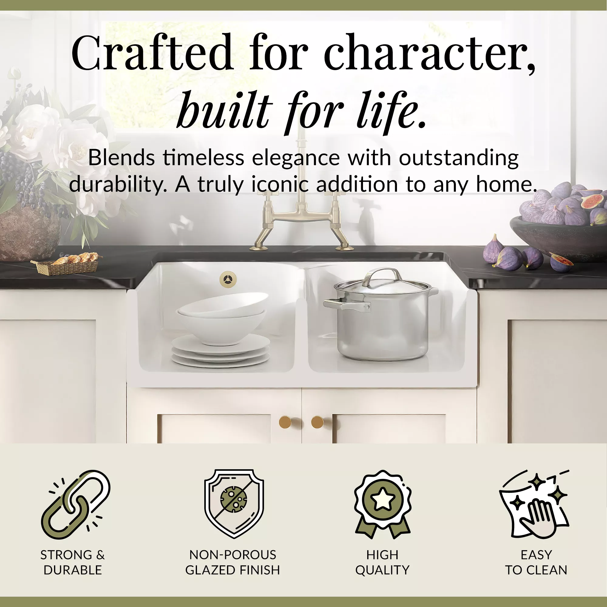 Fireclay Kitchen Bundle - Double Bowl Stepped Weir Butler Sink, Wastes & Crosshead Tap, 795mm - Brushed Brass - Image 5