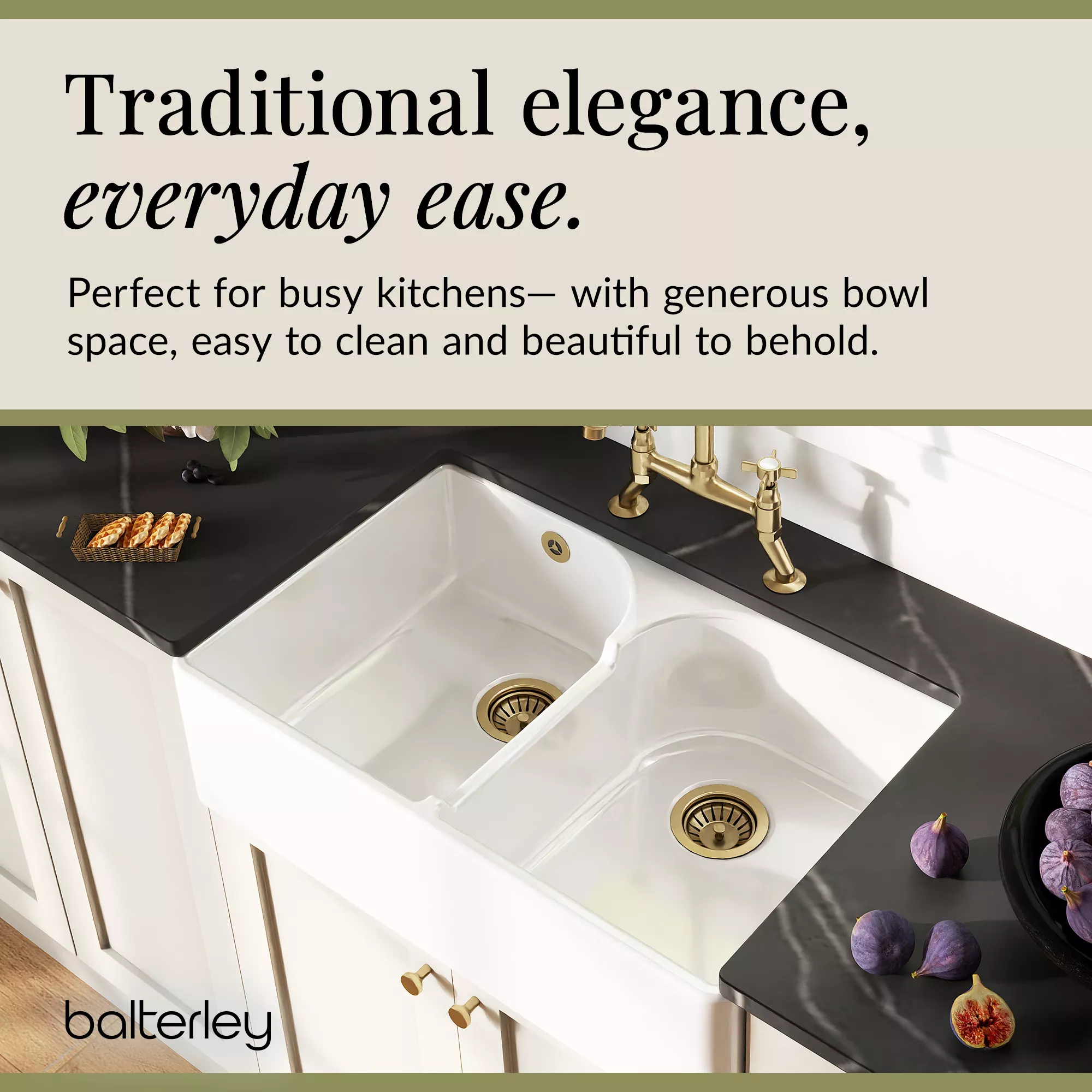 Fireclay Kitchen Bundle - Double Bowl Stepped Weir Butler Sink, Wastes & Crosshead Tap, 795mm - Brushed Brass - Image 6