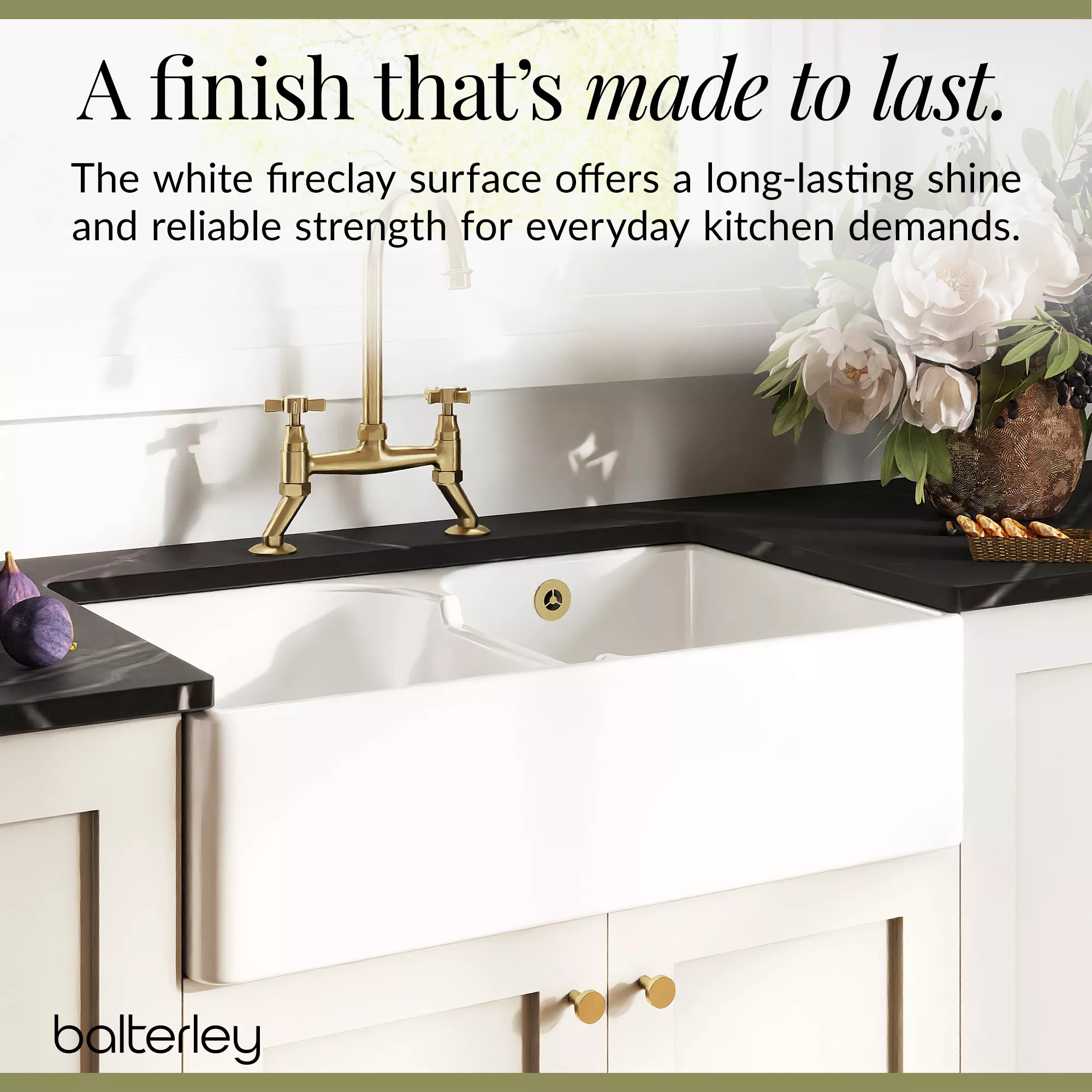Fireclay Kitchen Bundle - Double Bowl Stepped Weir Butler Sink, Wastes & Crosshead Tap, 795mm - Brushed Brass - Image 7
