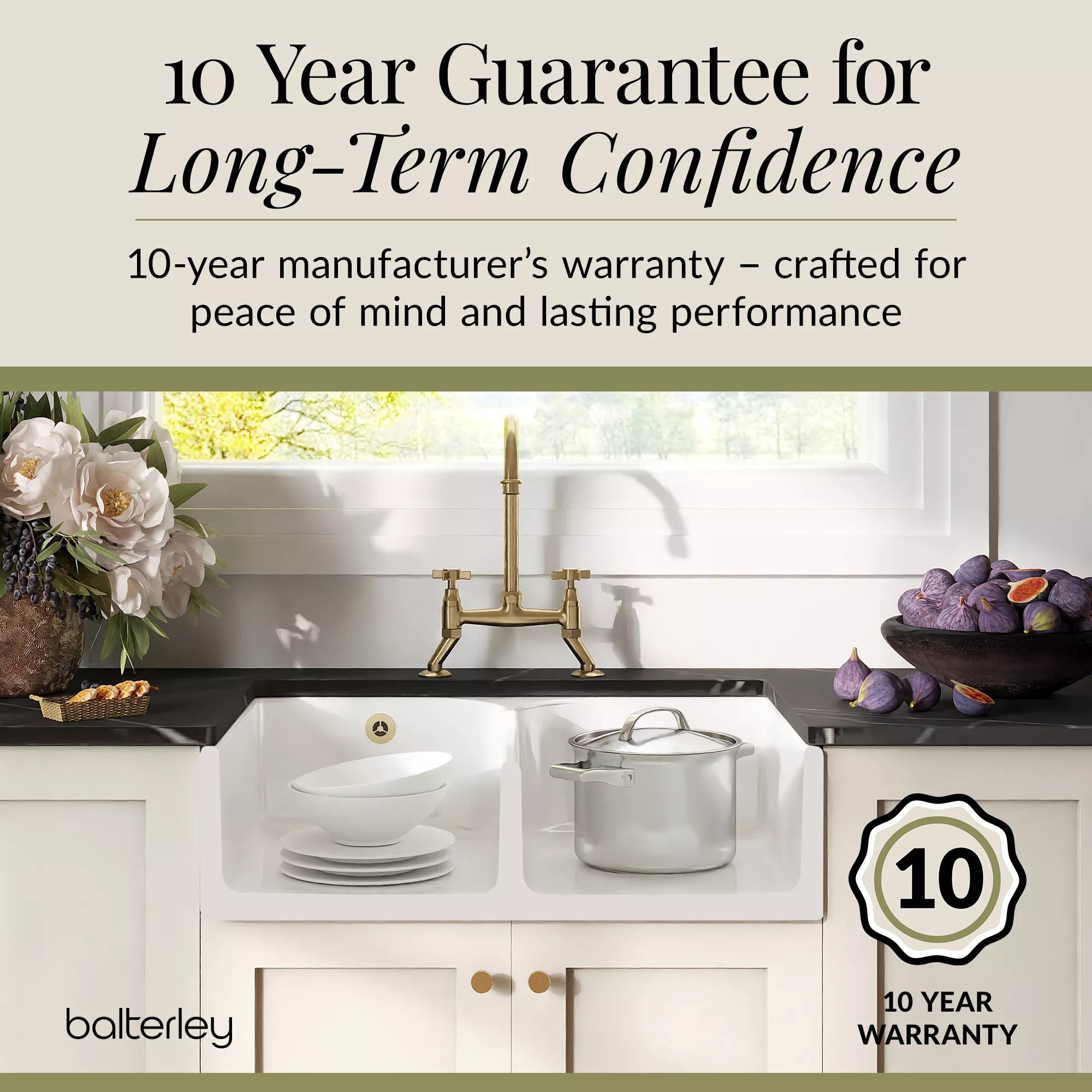 Fireclay Kitchen Bundle - Double Bowl Stepped Weir Butler Sink, Wastes & Crosshead Tap, 795mm - Brushed Brass - Image 9