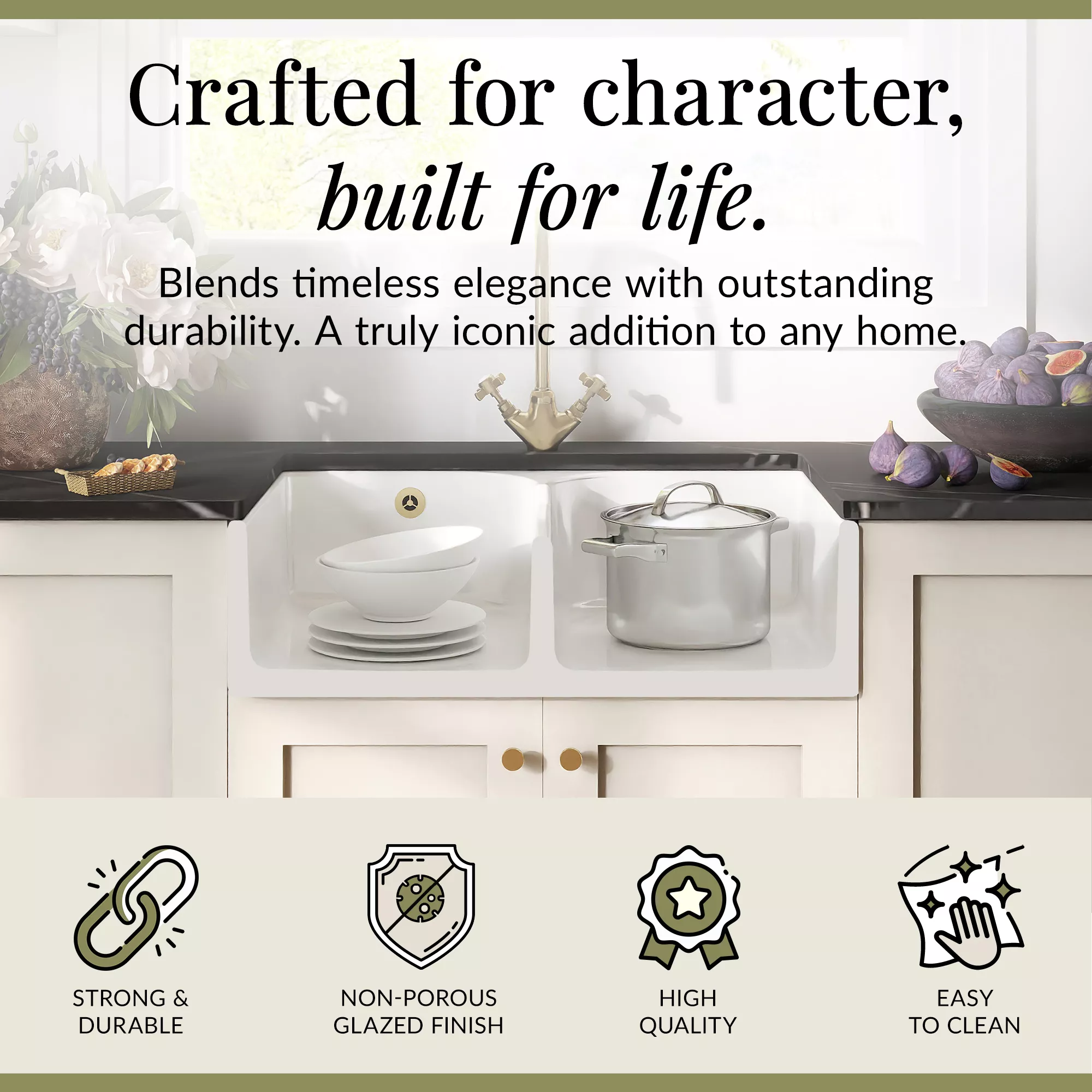 Fireclay Kitchen Bundle - Double Bowl Stepped Weir Butler Sink, Wastes & Crosshead Tap, 795mm - Brushed Brass - Image 2