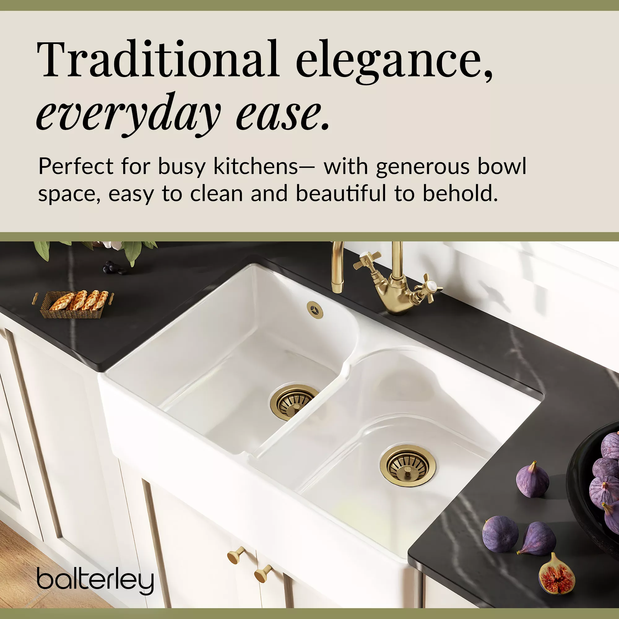 Fireclay Kitchen Bundle - Double Bowl Stepped Weir Butler Sink, Wastes & Crosshead Tap, 795mm - Brushed Brass - Image 3