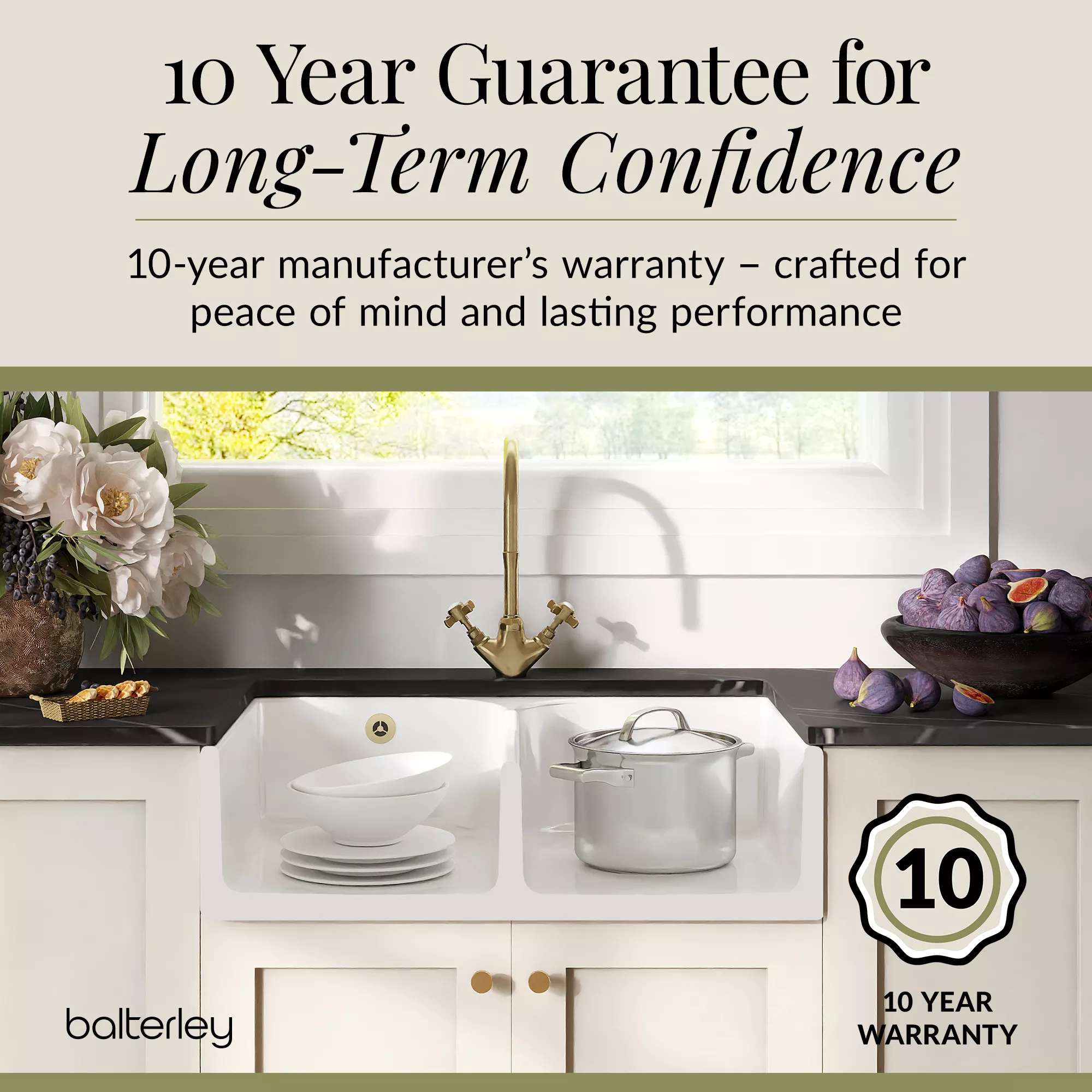 Fireclay Kitchen Bundle - Double Bowl Stepped Weir Butler Sink, Wastes & Crosshead Tap, 795mm - Brushed Brass - Image 6