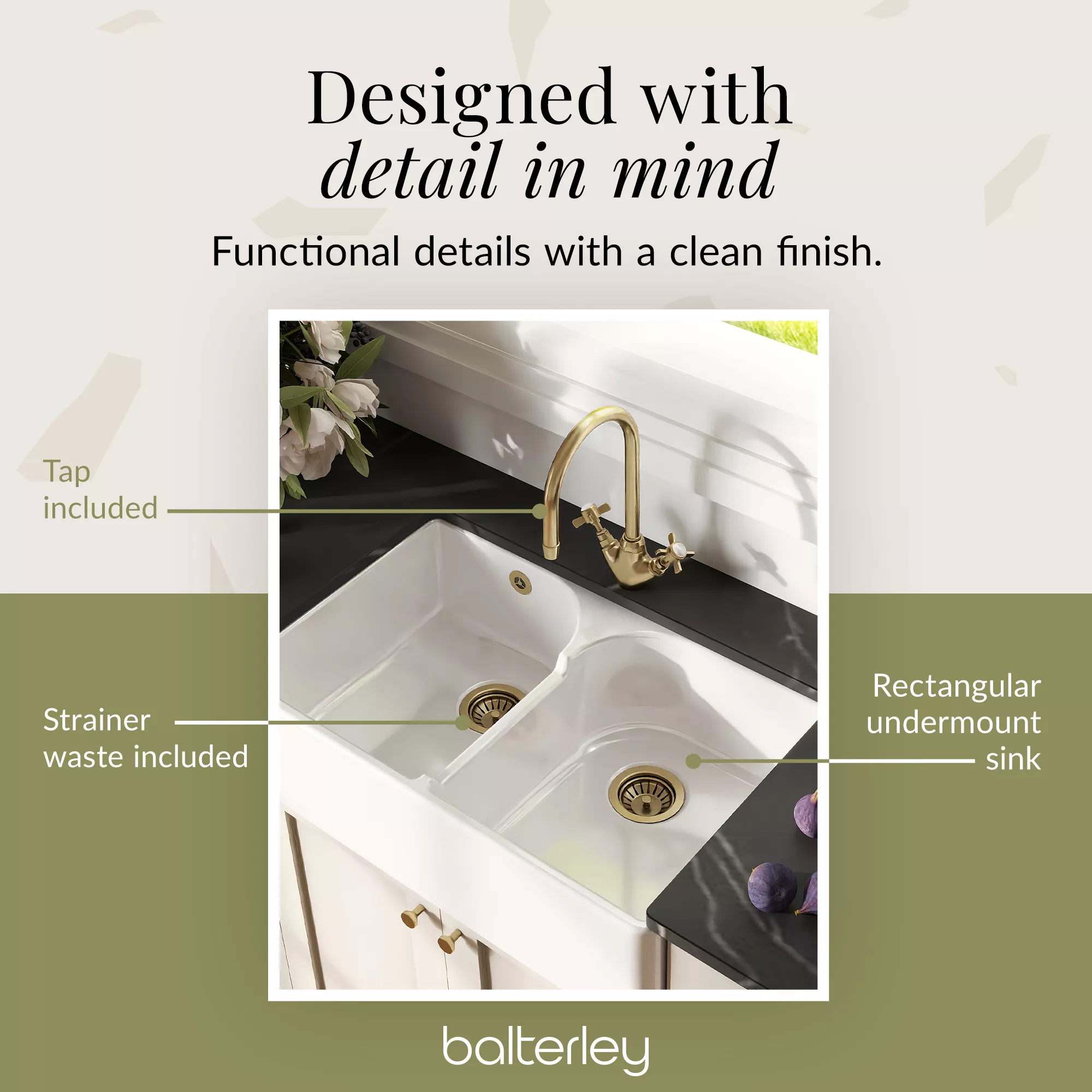 Fireclay Kitchen Bundle - Double Bowl Stepped Weir Butler Sink, Wastes & Crosshead Tap, 795mm - Brushed Brass - Image 7