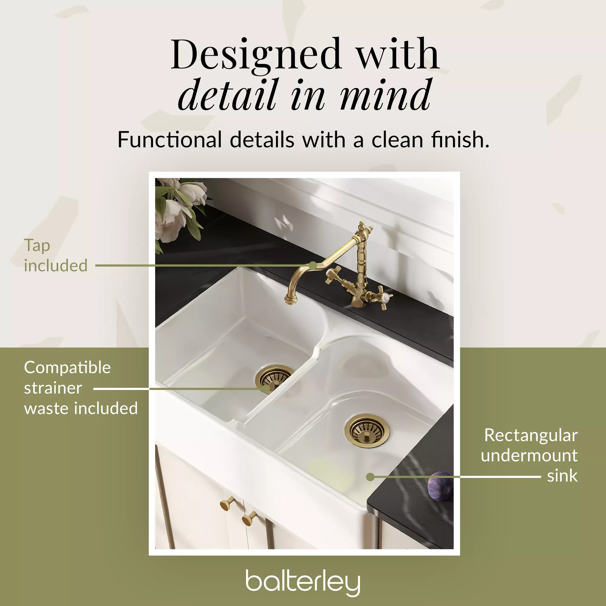 Fireclay Kitchen Bundle - Double Bowl Stepped Weir Butler Sink, Wastes & French Classic Tap, 795mm - Brushed Brass - Image 10