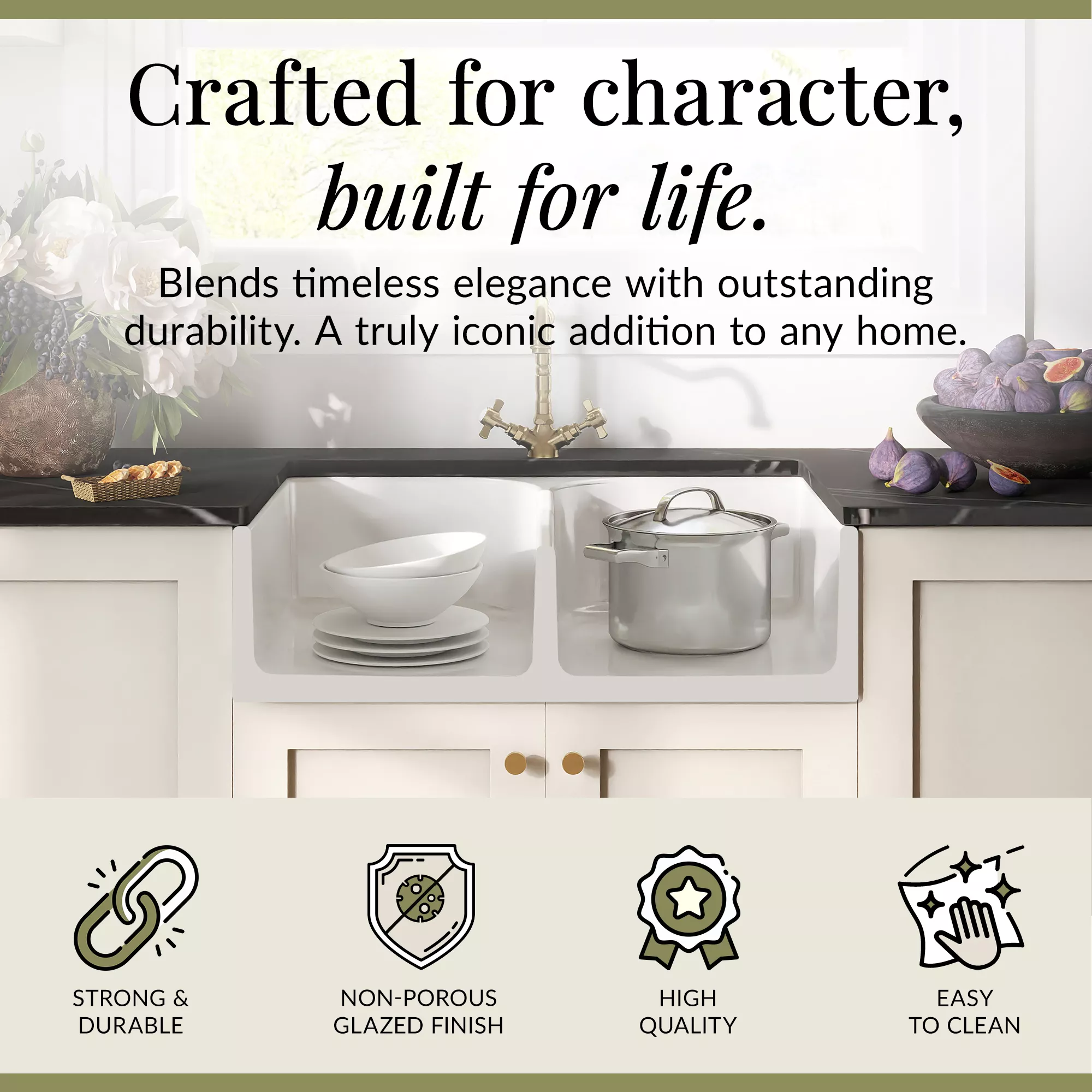 Fireclay Kitchen Bundle - Double Bowl Stepped Weir Butler Sink, Wastes & French Classic Tap, 795mm - Brushed Brass - Image 5