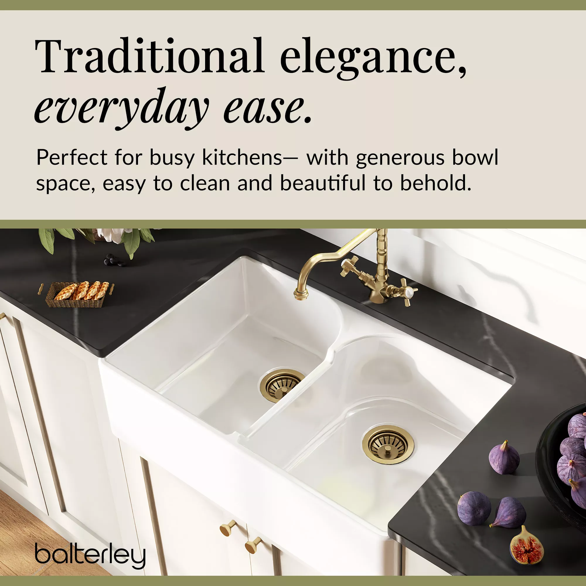 Fireclay Kitchen Bundle - Double Bowl Stepped Weir Butler Sink, Wastes & French Classic Tap, 795mm - Brushed Brass - Image 6