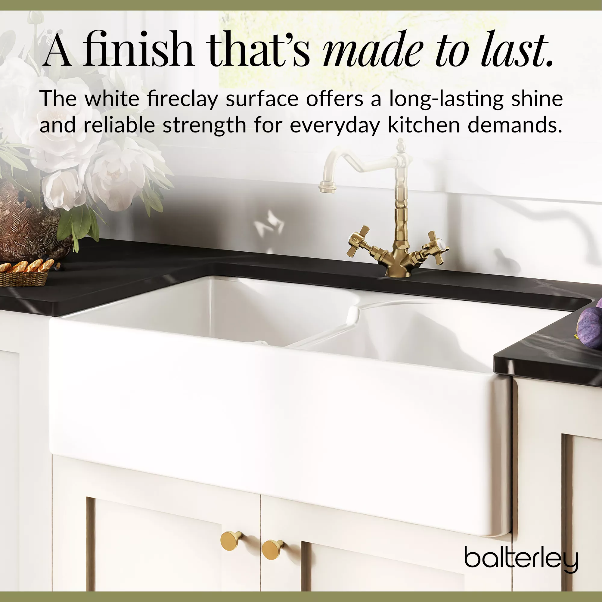 Fireclay Kitchen Bundle - Double Bowl Stepped Weir Butler Sink, Wastes & French Classic Tap, 795mm - Brushed Brass - Image 7