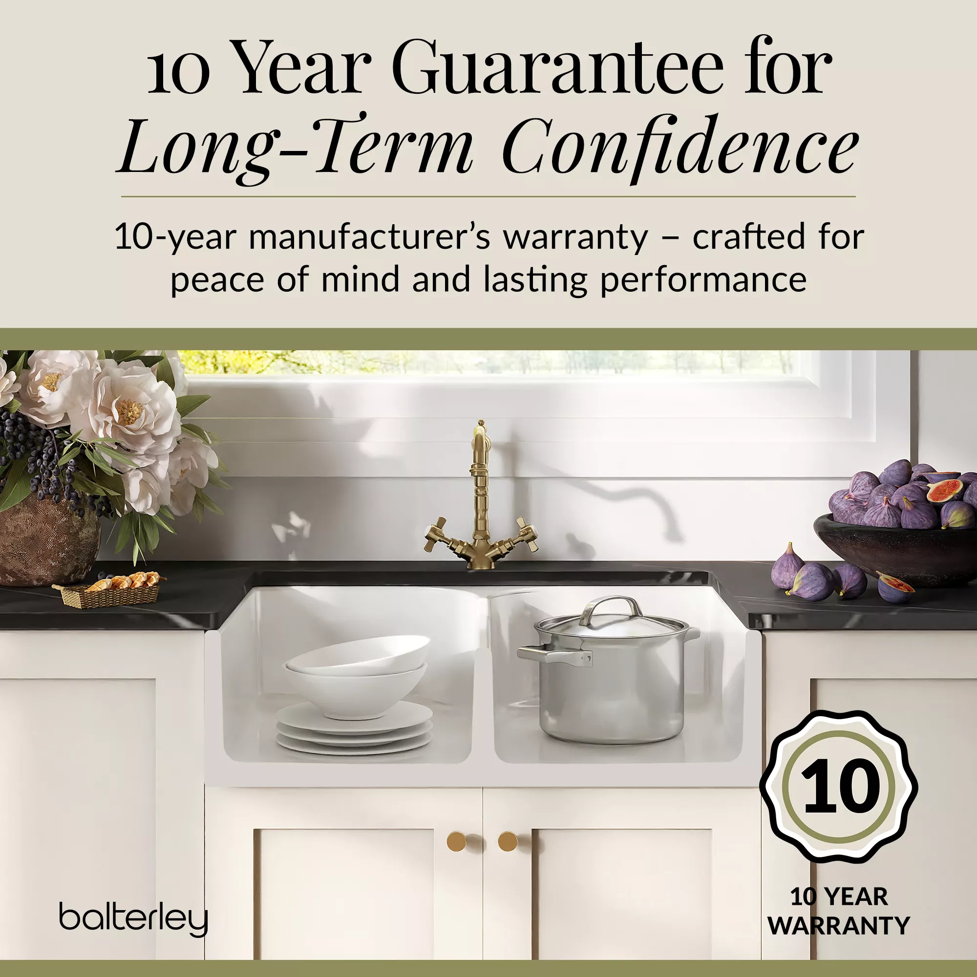 Fireclay Kitchen Bundle - Double Bowl Stepped Weir Butler Sink, Wastes & French Classic Tap, 795mm - Brushed Brass - Image 9