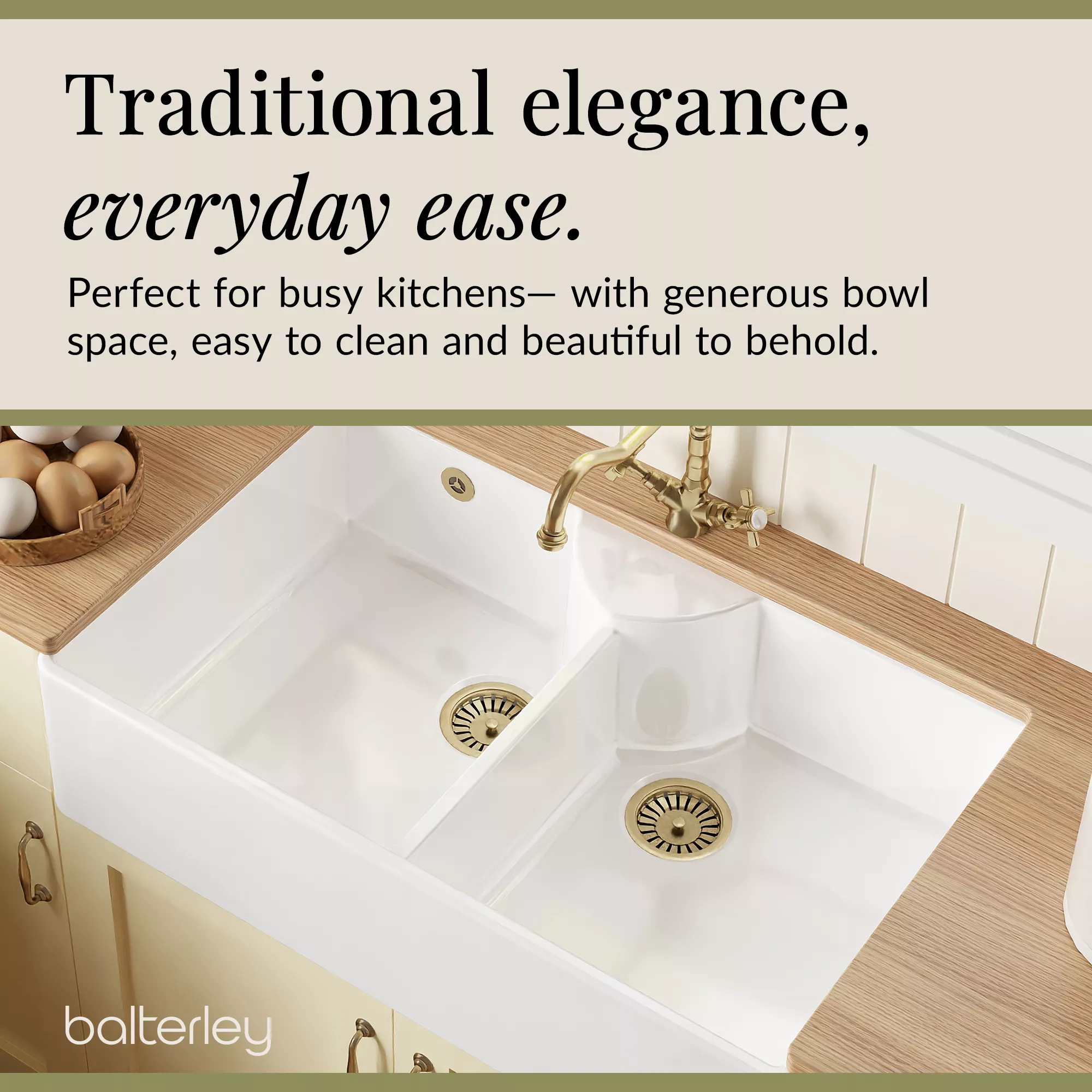 Fireclay Kitchen Bundle - Double Bowl Stepped Weir Butler Sink, Wastes & French Classic Tap, 895mm - Brushed Brass - Image 6