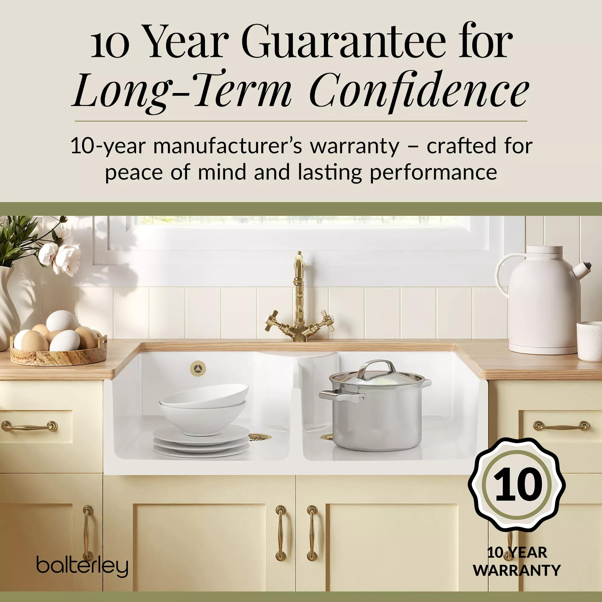 Fireclay Kitchen Bundle - Double Bowl Stepped Weir Butler Sink, Wastes & French Classic Tap, 895mm - Brushed Brass - Image 8
