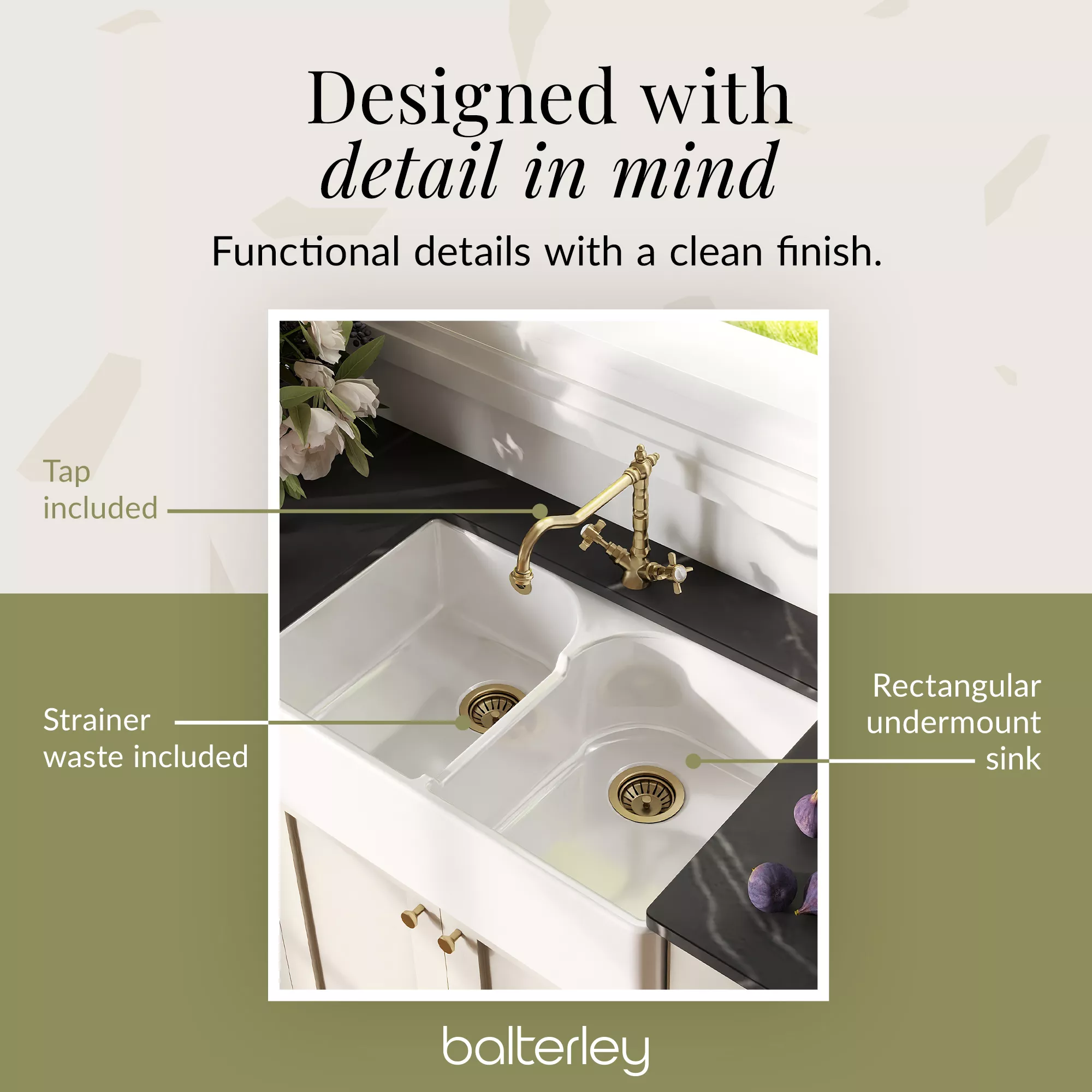 Fireclay Kitchen Bundle - Double Bowl Stepped Weir Butler Sink, Wastes & French Tap, 795mm - Brushed Brass - Image 10