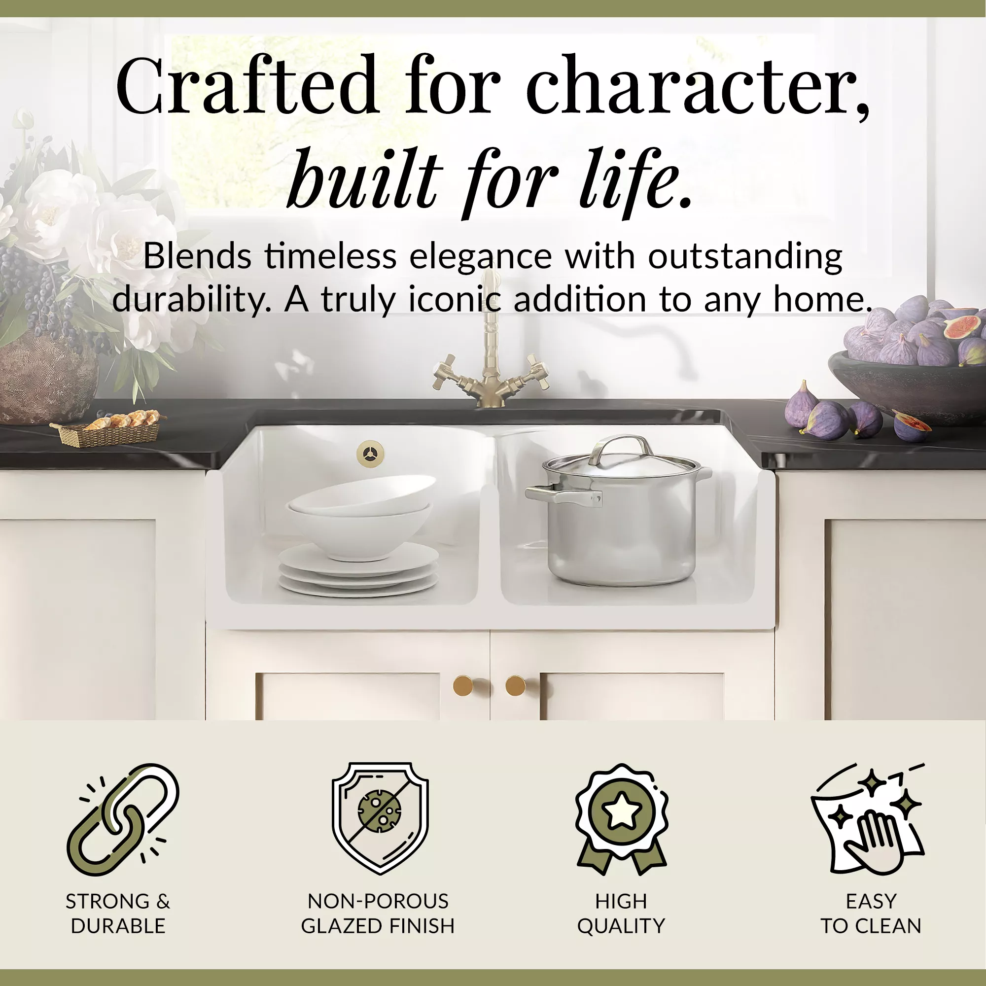 Fireclay Kitchen Bundle - Double Bowl Stepped Weir Butler Sink, Wastes & French Tap, 795mm - Brushed Brass - Image 5